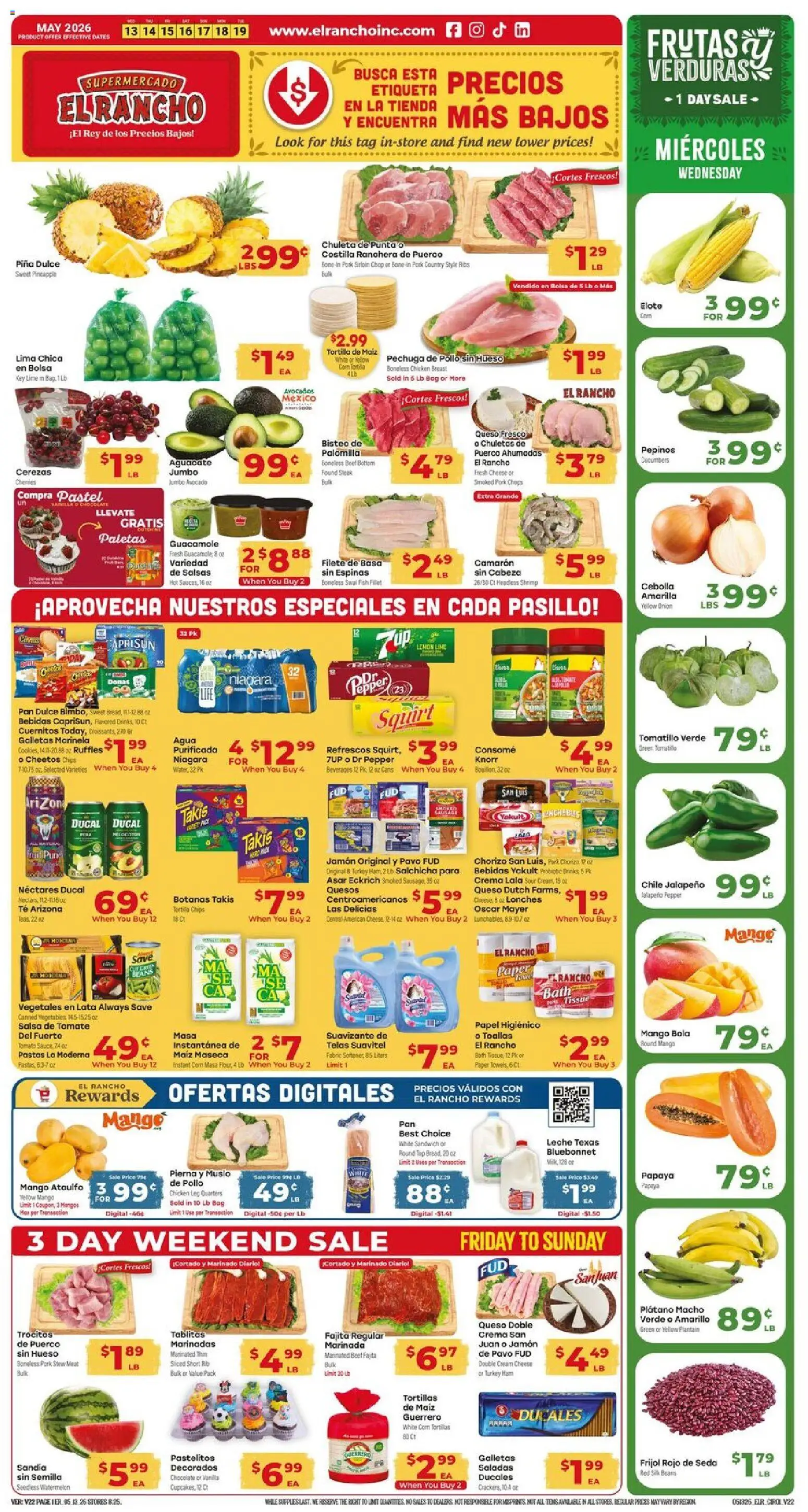Ad Preview of El Rancho El Rancho Weekly Ad from 05/13/2026 - Cheese, Pan, Meat, Onion, Cream cheese, Sour cream, Beverages, Fabric softener