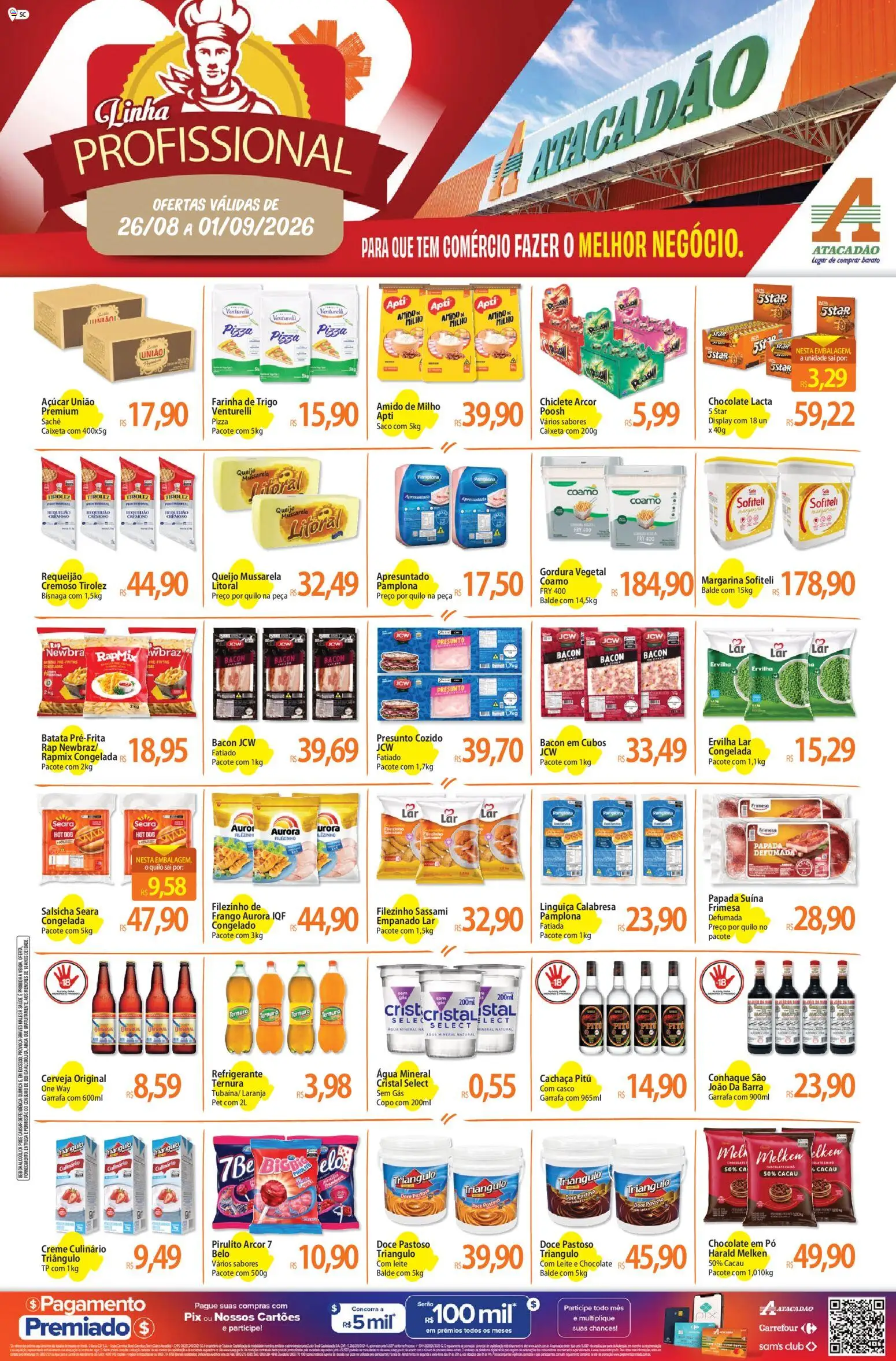 Pré-Visualização do folheto "Atacadão ofertas - SC" da loja Atacadão válido a partir de 26/08/2026 - Pizza, Salsicha, Refrigerante, Chiclete, Conhaque, Balde, Água mineral, Queijo cremoso