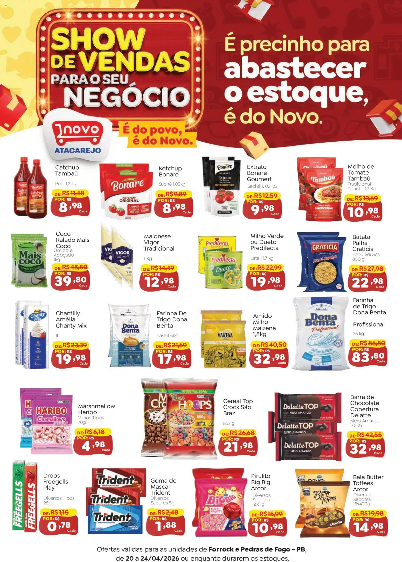Pré-Visualização do folheto "Novo Atacarejo ofertas Show de Vendas" da loja Novo Atacarejo válido a partir de 20/04/2026 - Coco, Barra de chocolate, Tomate, Milho, Hortelã, Farinha de trigo, Bala, Milho verde