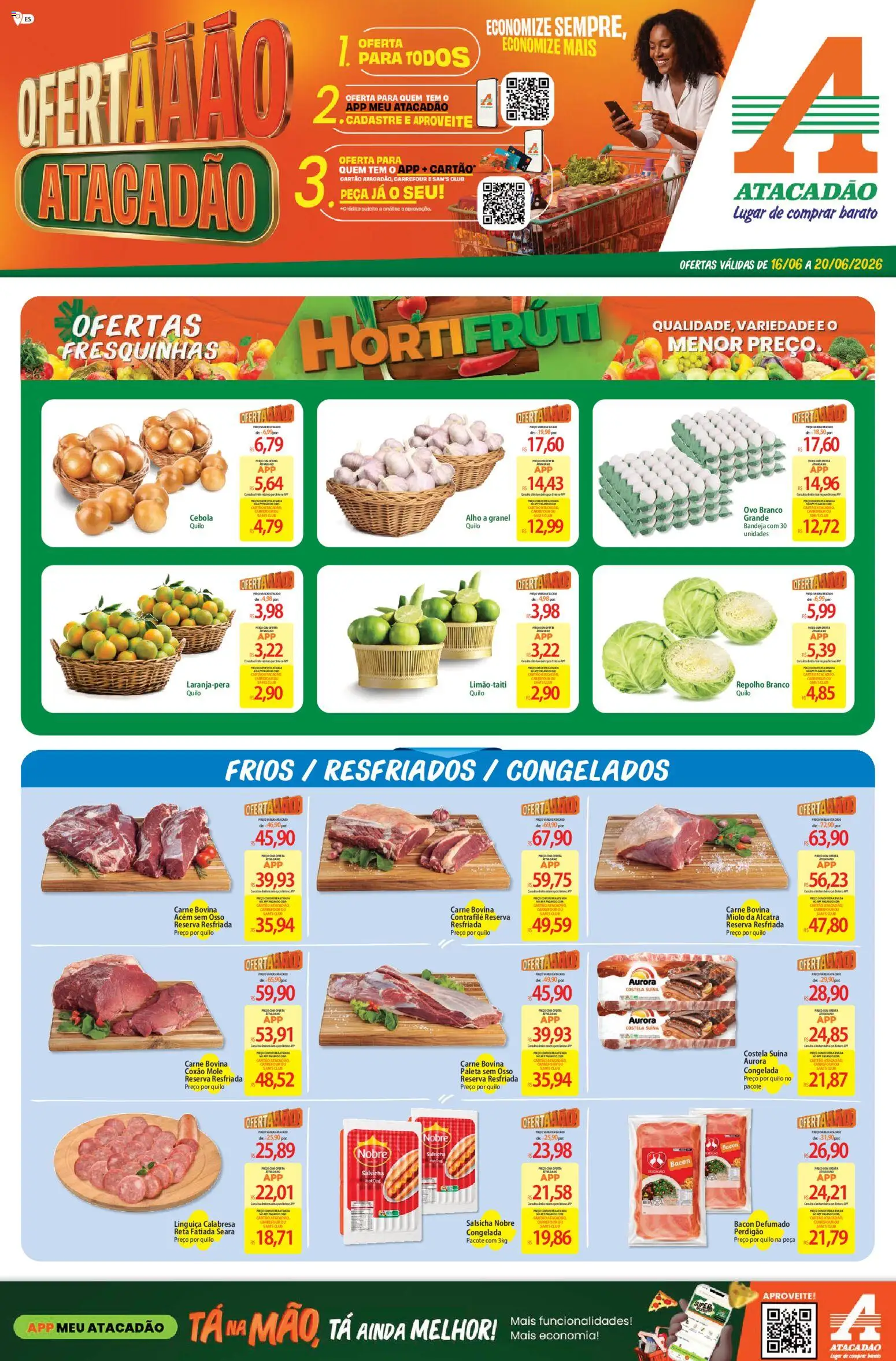 Pré-Visualização do folheto "Atacadão ofertas - ES" da loja Atacadão válido a partir de 16/06/2026 - Bacon, Cebola, Linguiça, Repolho, Alcatra, Alho, Carne bovina, Repolho branco
