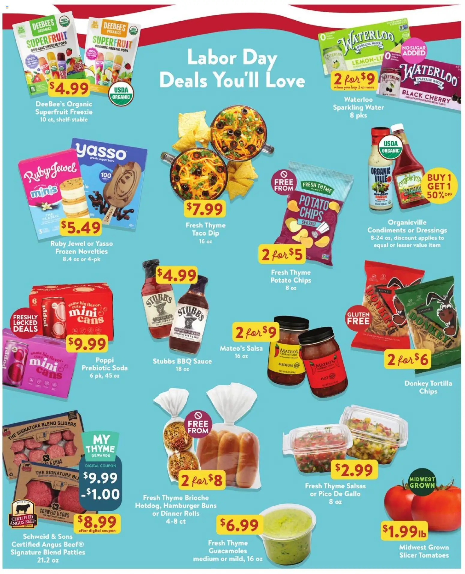 Ad Preview of Fresh Thyme Fresh Thyme Weekly Ad from 08/26/2026 - Water, Hamburger, Chips, Sugar, Beef, Potato chips, Tortilla chips, Slicer