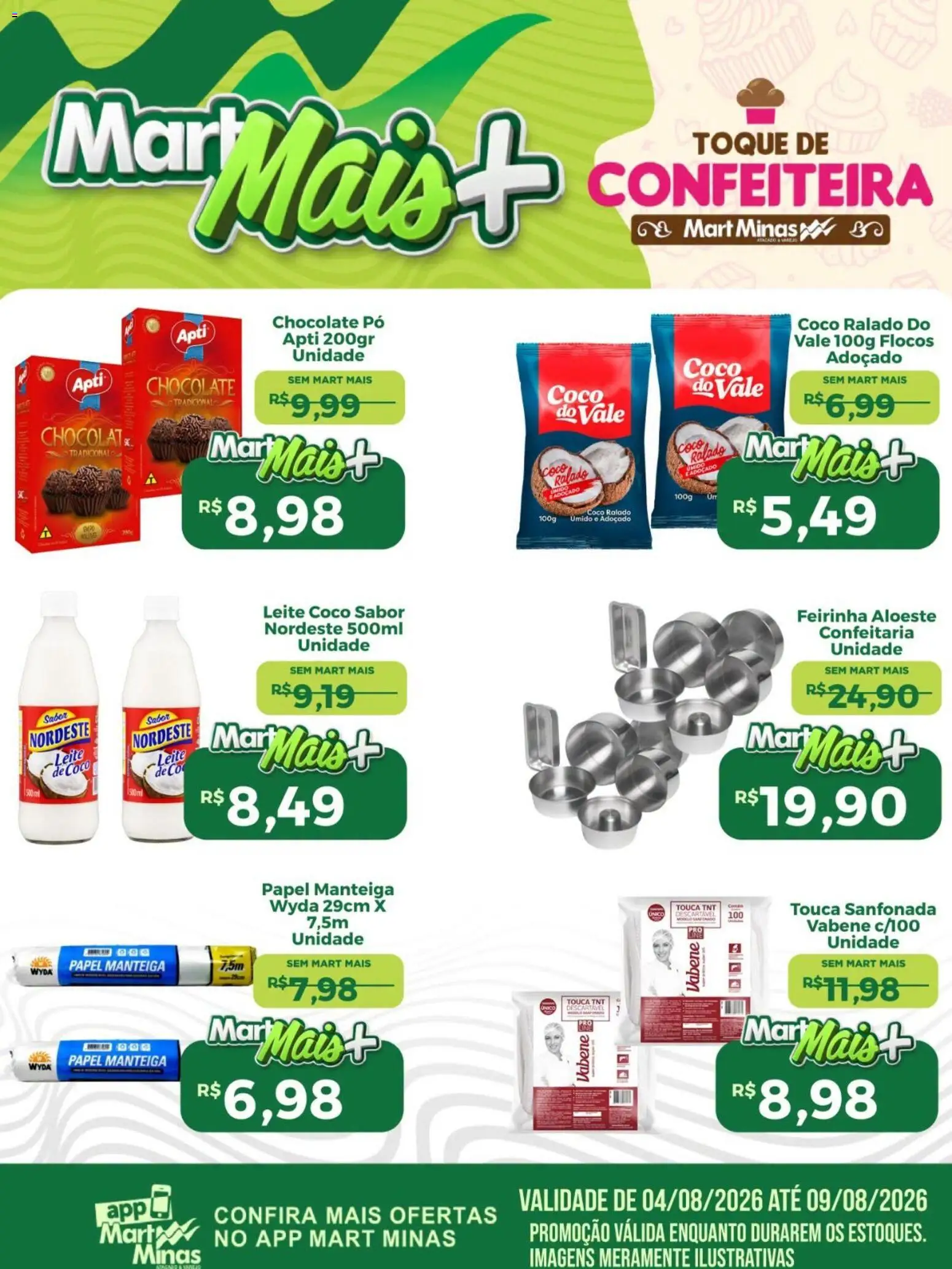 Pré-Visualização do folheto "Mart Minas ofertas Confeiteira" da loja Mart Minas válido a partir de 04/08/2026 - Coco, Leite, Manteiga, Touca, Pó, Leite de coco, Papel manteiga, Flocos