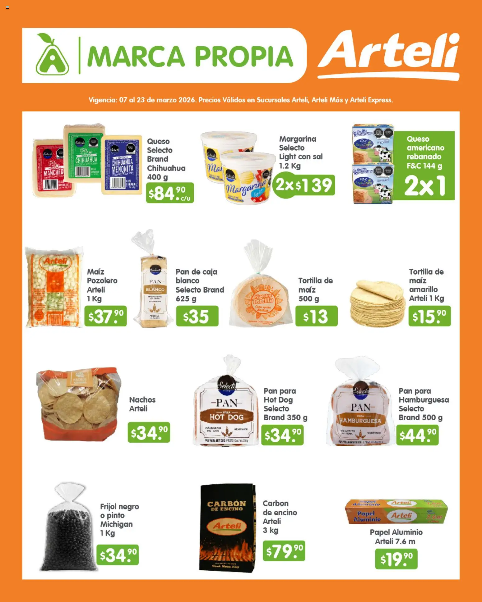 Vista previa las ofertas de la tienda Arteli - Arteli folleto Quincenal desde el 07/03/2026 - Hamburguesa, Pan, Maíz, Queso, Sal, Caja, Margarina, Papel aluminio