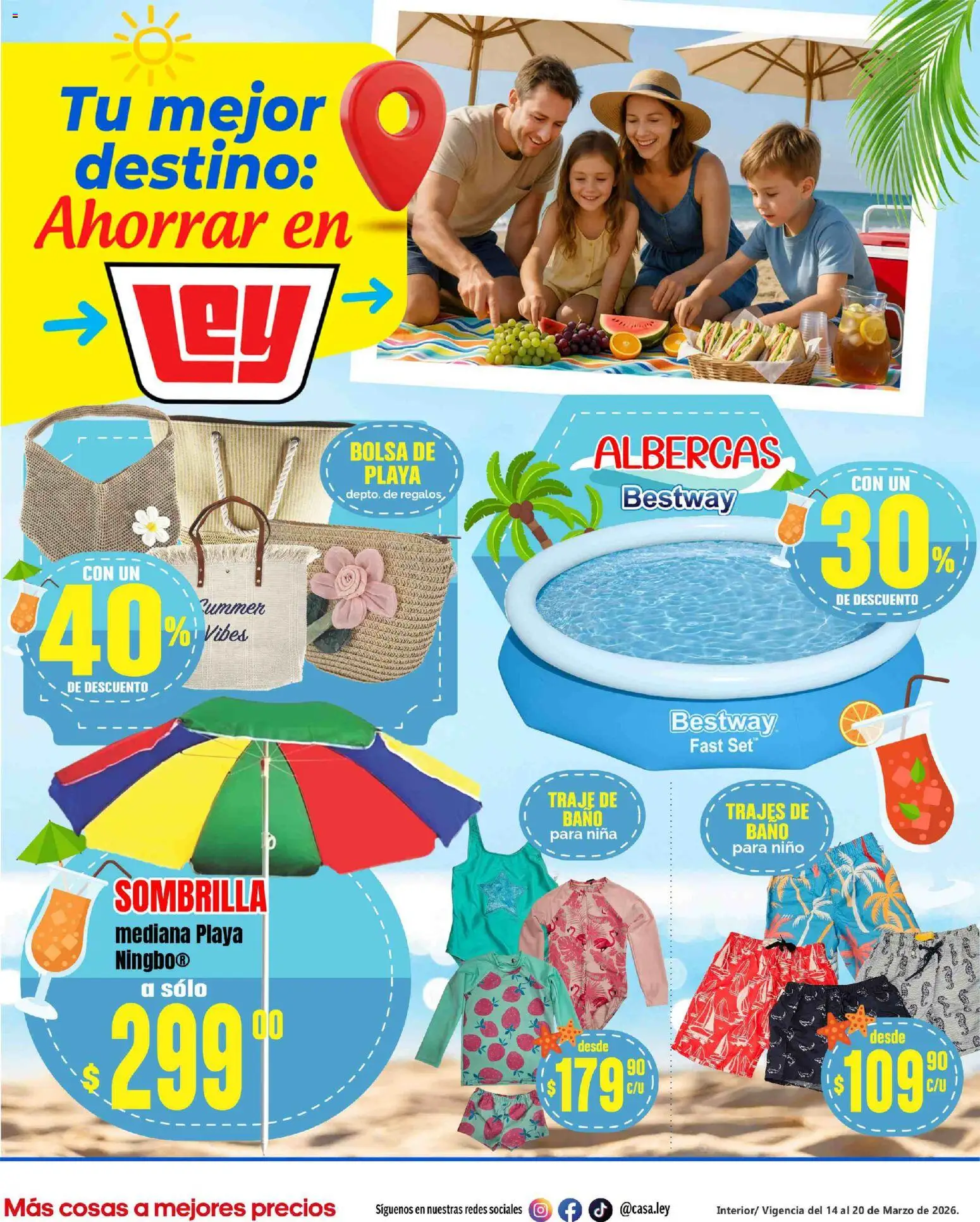 Vista previa las ofertas de la tienda Casa Ley - Casa Ley folleto Tu mejor destino Interior desde el 14/03/2026 - Baño, Bolsa, Traje de baño, Traje, Sombrilla
