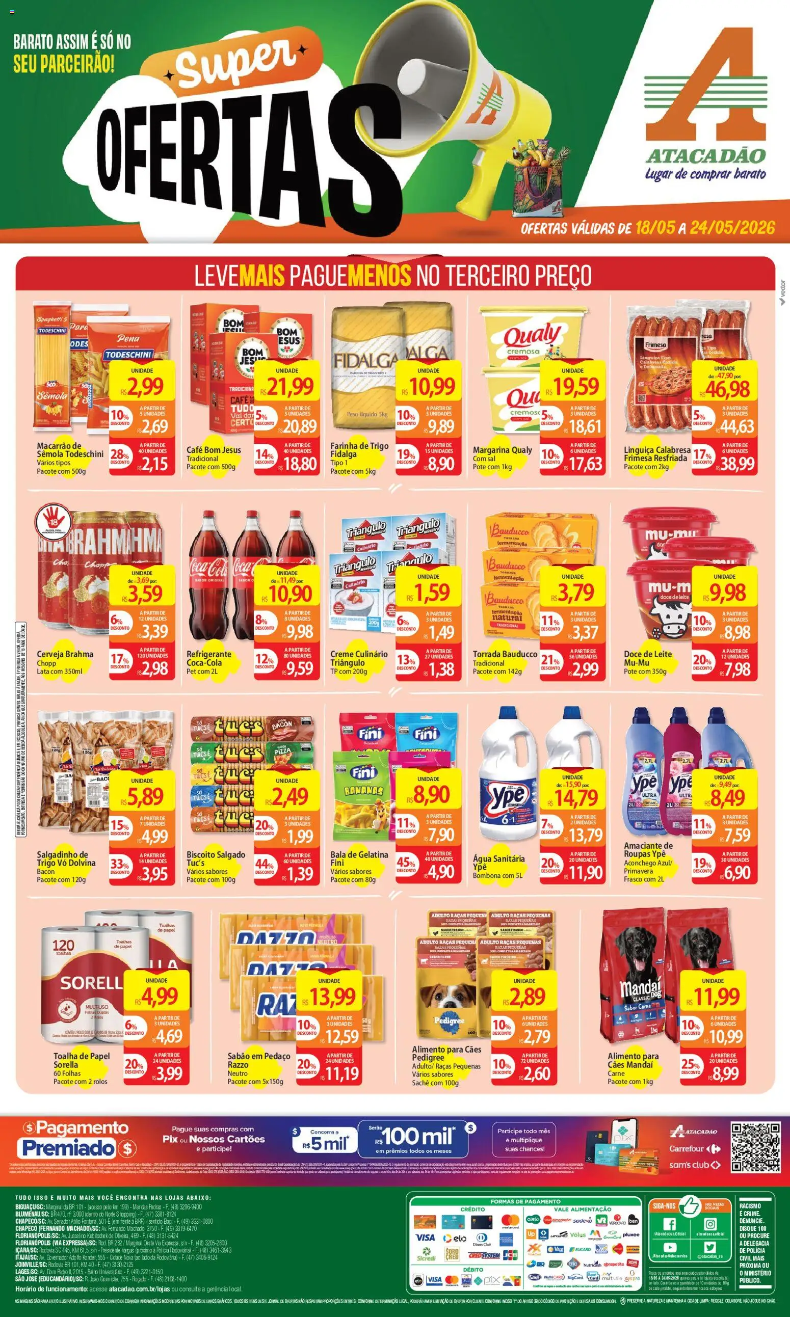 Pré-Visualização do folheto "Atacadão ofertas - SC" da loja Atacadão válido a partir de 18/05/2026 - Cerveja, Água, Macarrão, Roupas, Biscoito, Doce, Farinha de trigo, Sabão