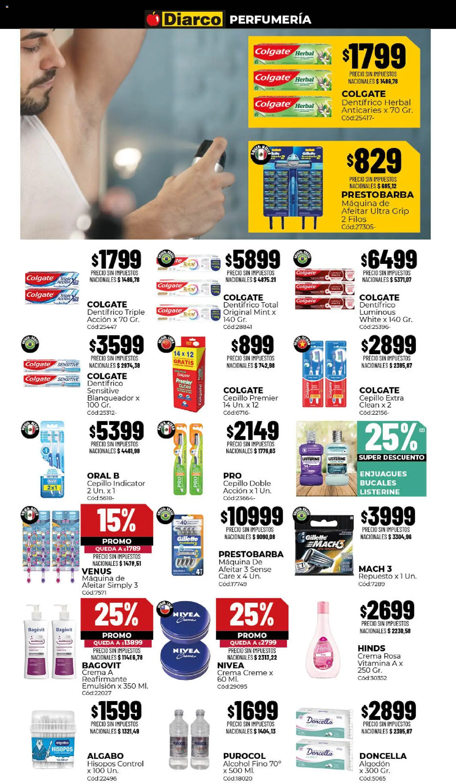 Vista previa del folleto de la tienda Diarco válido desde el 10/08/2026 - Alcohol, Crema, Algodón, Maquina de afeitar, Cepillo, Listerine, Emulsión