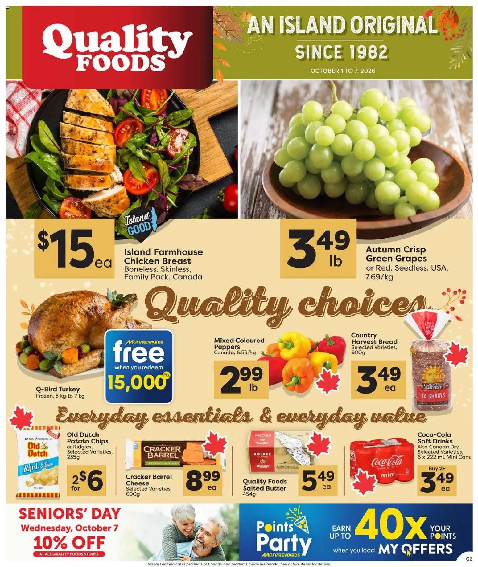 Preview of leaflet Quality Foods weekly flyer / circulaire from shop Quality Foods is valid from Oct 01, 2026 - Chicken, Turkey, Cheese, Bread, Chips, Chicken breast, Grapes, Grains