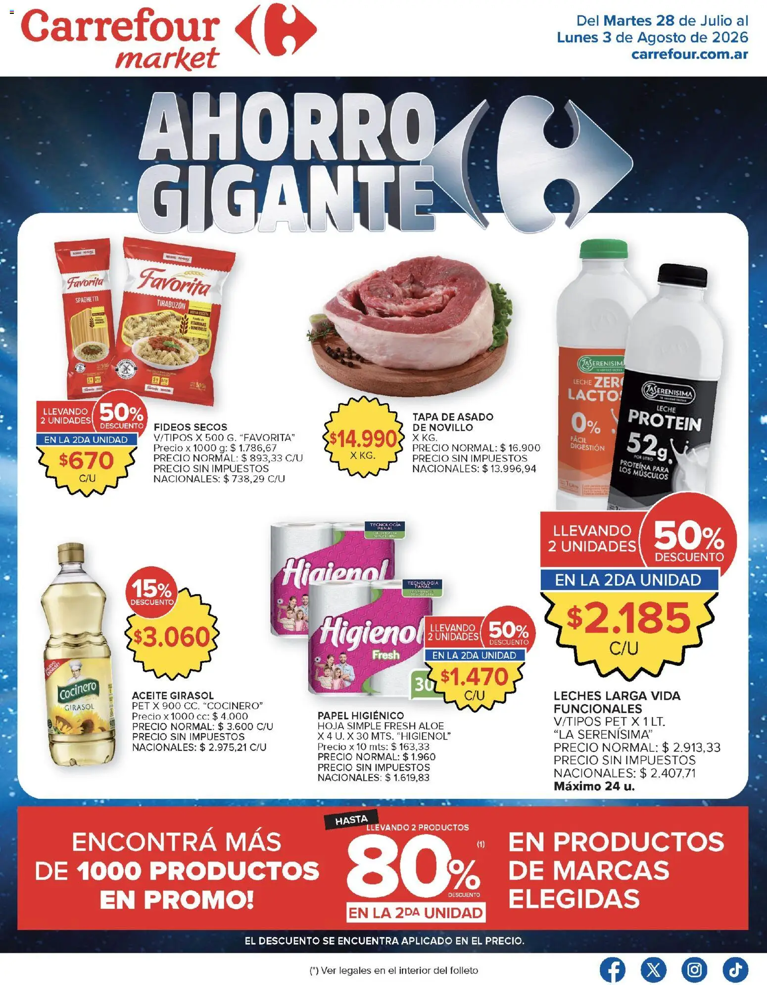 Vista previa del folleto de la tienda Carrefour Market válido desde el 28/07/2026 - Vitaminas, Proteína, Pan, Aceite, Leche, Fideos, Papel higiénico, Spaghetti