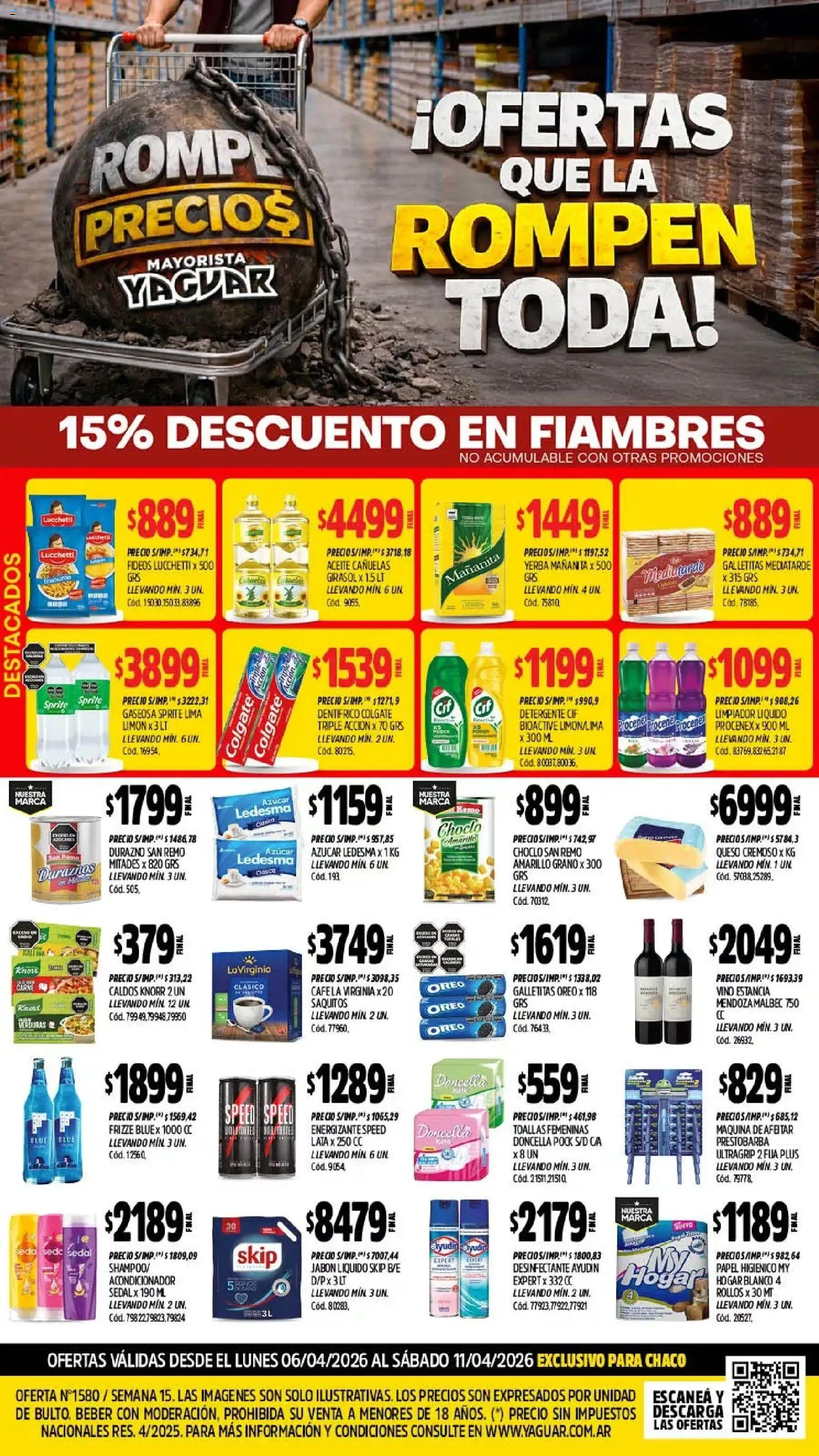 Vista previa del folleto de la tienda Yaguar válido desde el 06/04/2026 - Galletitas, Oreo, Papel higiénico, Choclo, Gaseosa, Jabón, Acondicionador, Desinfectante