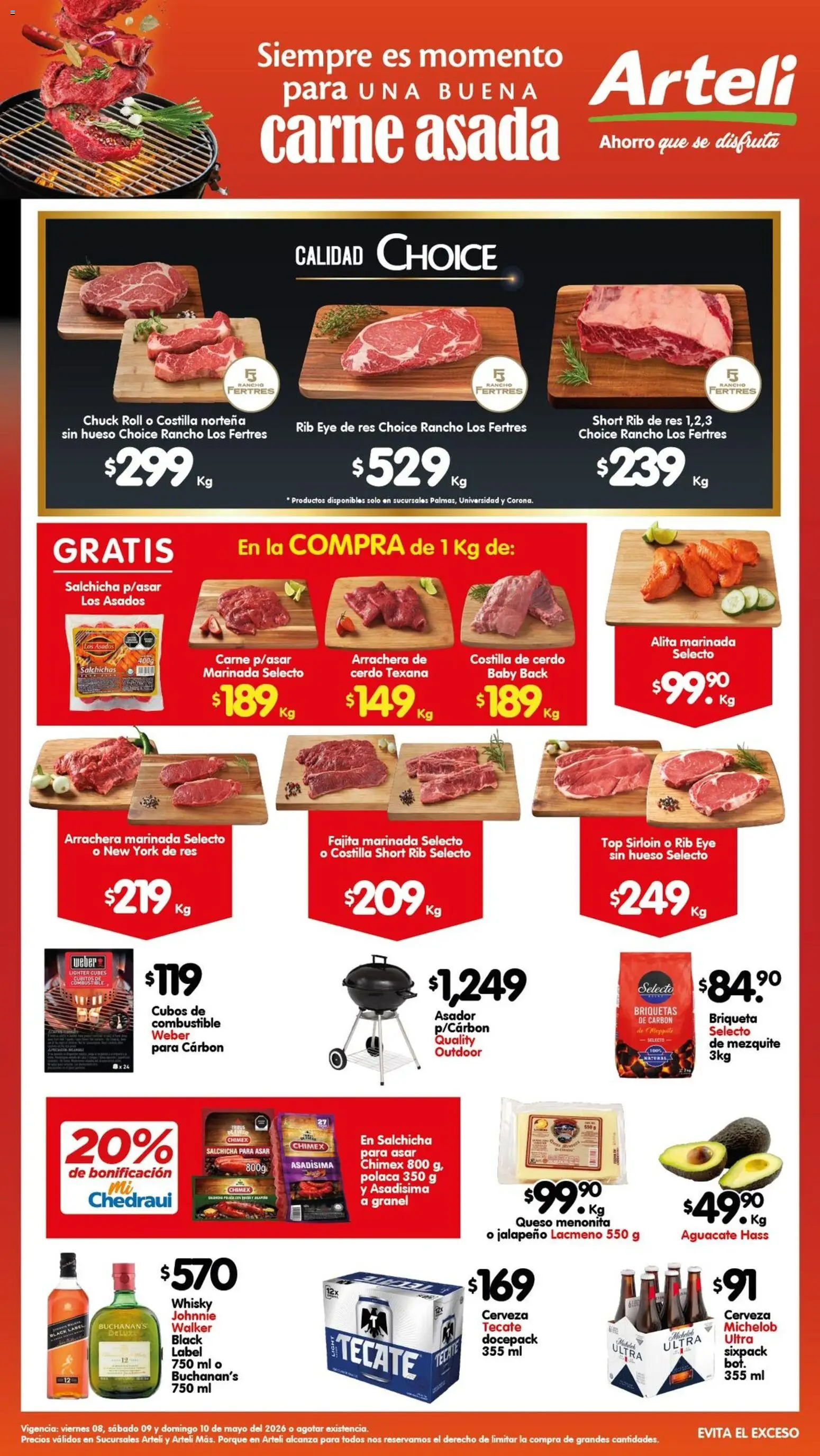 Vista previa las ofertas de la tienda Arteli - Arteli folleto Carnes & Cortes desde el 08/05/2026 - Whisky, Cerveza, Aguacate, Queso, Short, Carne, Cerdo, Salchichas