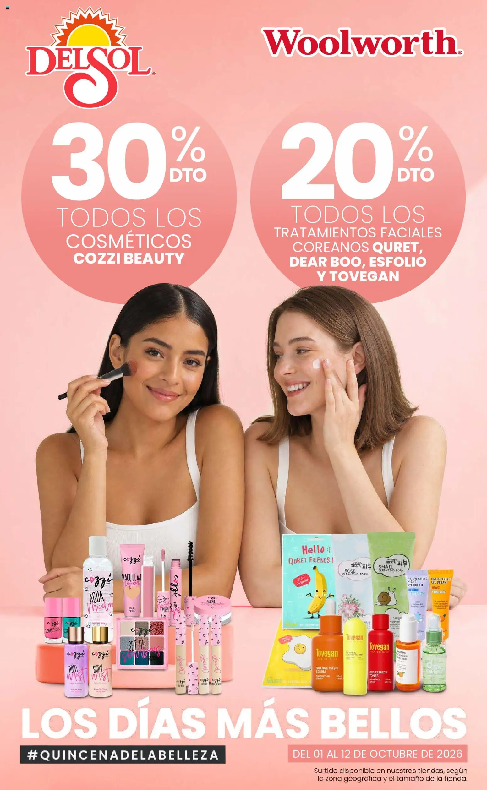 Vista previa las ofertas de la tienda Del Sol y Woolworth - Del Sol y Woolworth catálogo Los días más bellos - Quincena Belleza desde el 01/10/2026 - Agua, Body, Serum, Corrector, Toner, Polvo