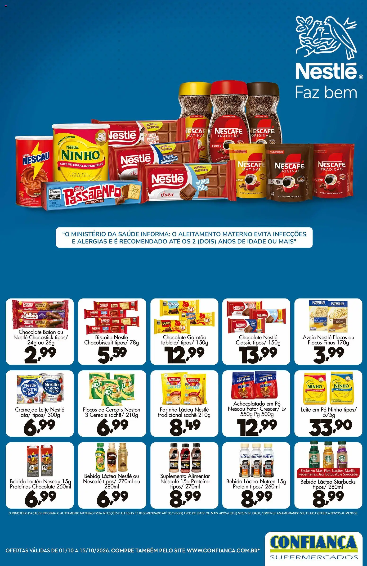 Pré-Visualização do folheto "Confiança ofertas Nestlé" da loja Confiança válido a partir de 01/10/2026 - Café, Amendoim, Farinha láctea, Açúcar, Creme de leite, Proteína, Achocolatado, Flocos