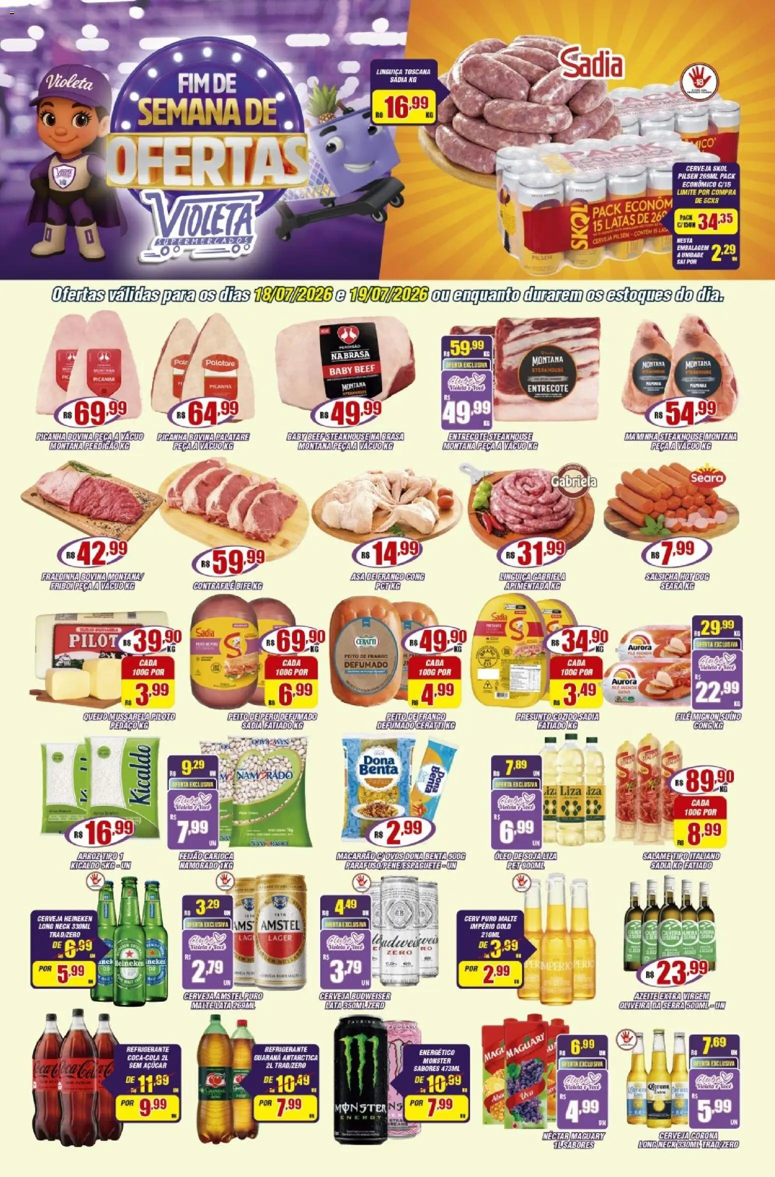 Pré-Visualização do folheto "Violeta Supermercados - Ofertas da semana" da loja Violeta Supermercados válido a partir de 18/07/2026 - Macarrão, Mussarela, Açúcar, Energético, Salame, Presunto, Cerveja Corona, Azeite extra virgem