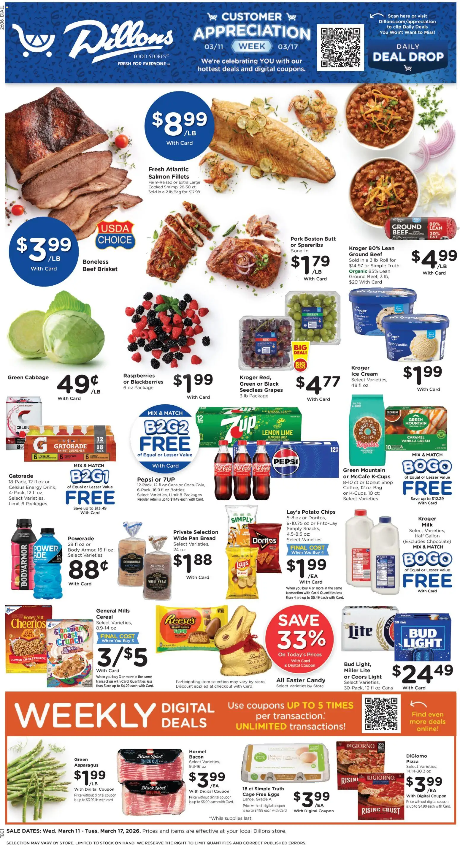Ad Preview of Dillons Dillons Weekly Ad from 03/11/2026 - Ice cream, Chips, Honey, Bread, Lime, Peanut butter, Pork, Vanilla