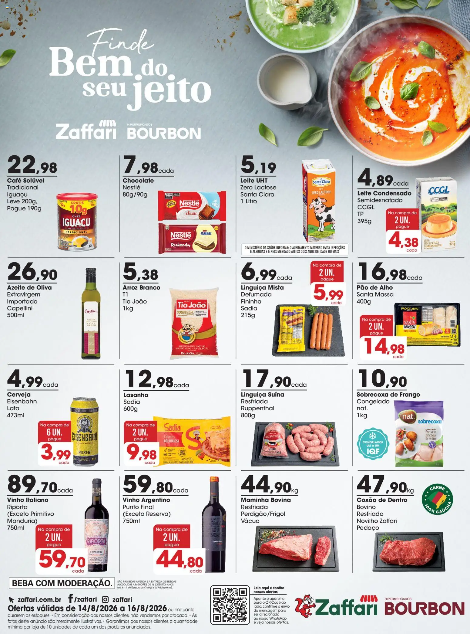 Pré-Visualização do folheto "Zaffari ofertas Final de Semana - RS" da loja Zaffari válido a partir de 14/08/2026 - Cerveja, Vinho, Bebidas, Leite, Frango, Pao de alho, Azeite de oliva, Eisenbahn