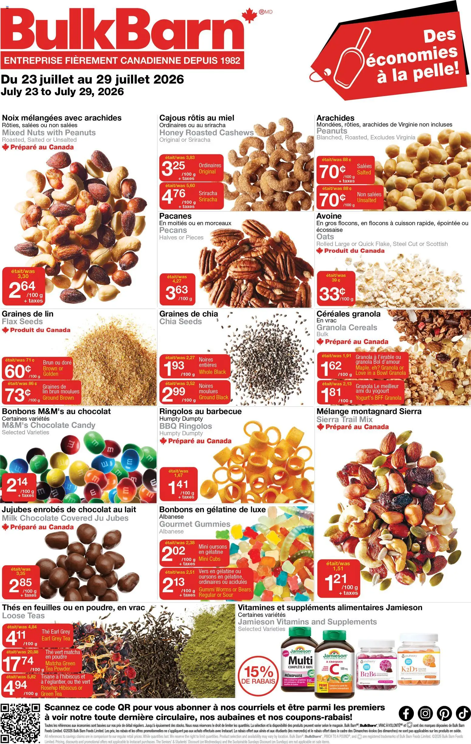 Preview of leaflet Bulk Barn weekly flyer / circulaire from shop Bulk Barn is valid from Jul 23, 2026 - Matcha, Honey, Chocolate, Tea, Milk, Peanuts, Green tea, Oats
