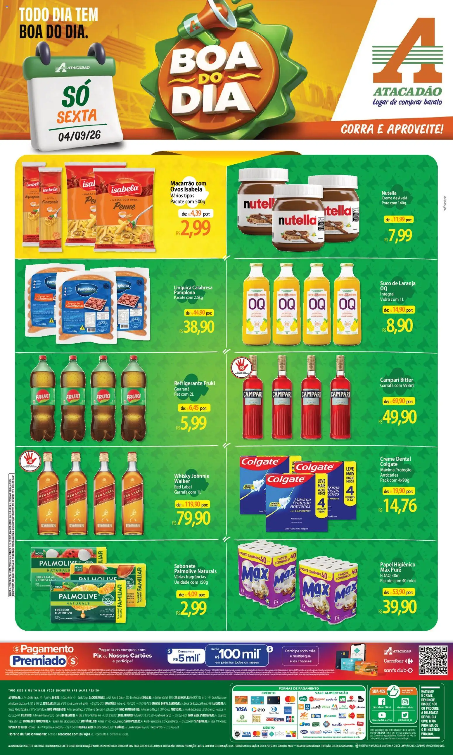 Pré-Visualização do folheto "Atacadão ofertas - RS" da loja Atacadão válido a partir de 04/09/2026 - Whisky, Campari, Nutella, Gravata, Ovos, Suco, Refrigerante, Linguiça