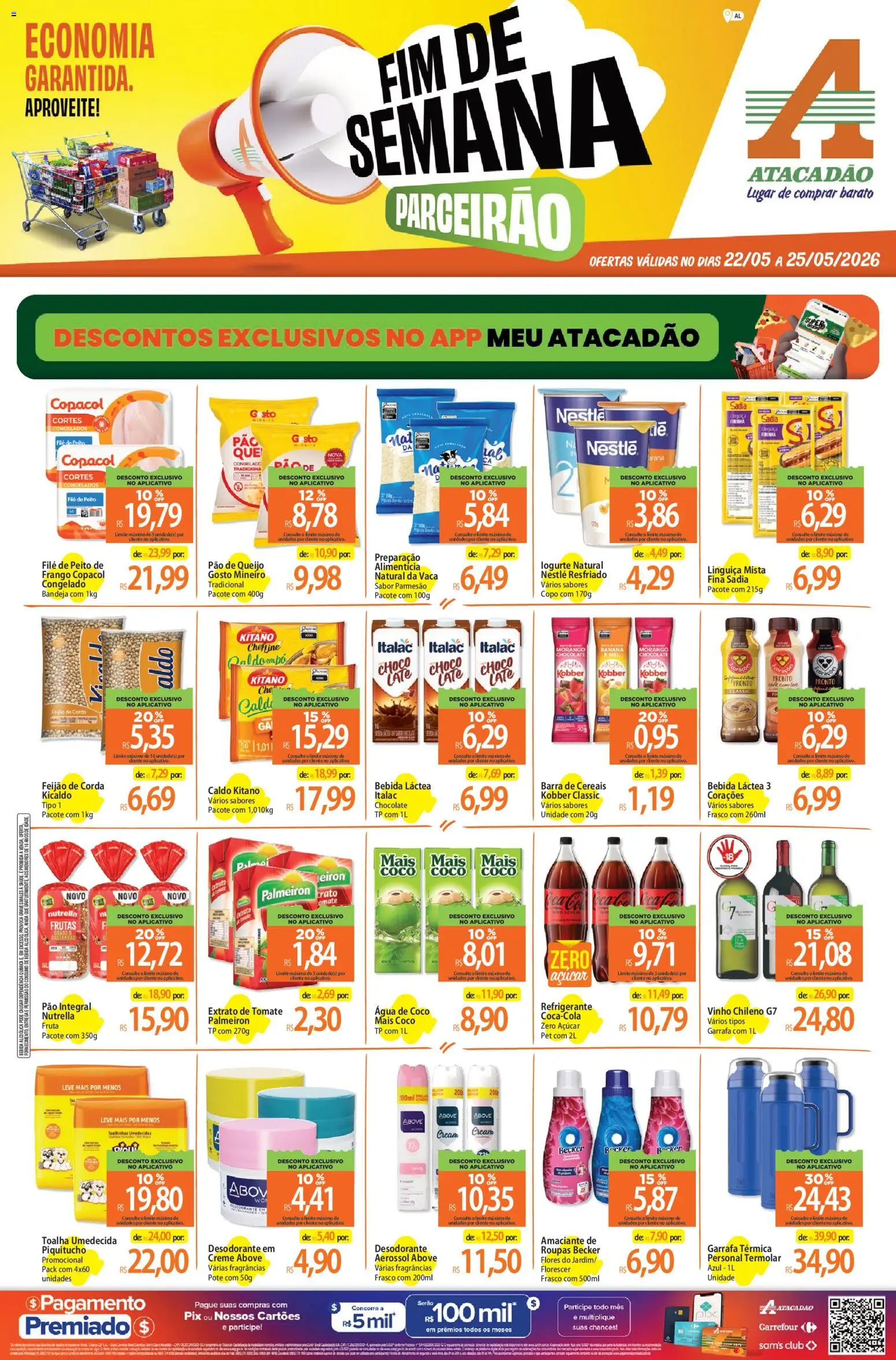 Pré-Visualização do folheto "Atacadão ofertas - AL" da loja Atacadão válido a partir de 22/05/2026 - Chocolate, Água de coco, Bebida, Queijo, Mel, Corda, Bandeja, Parmesão