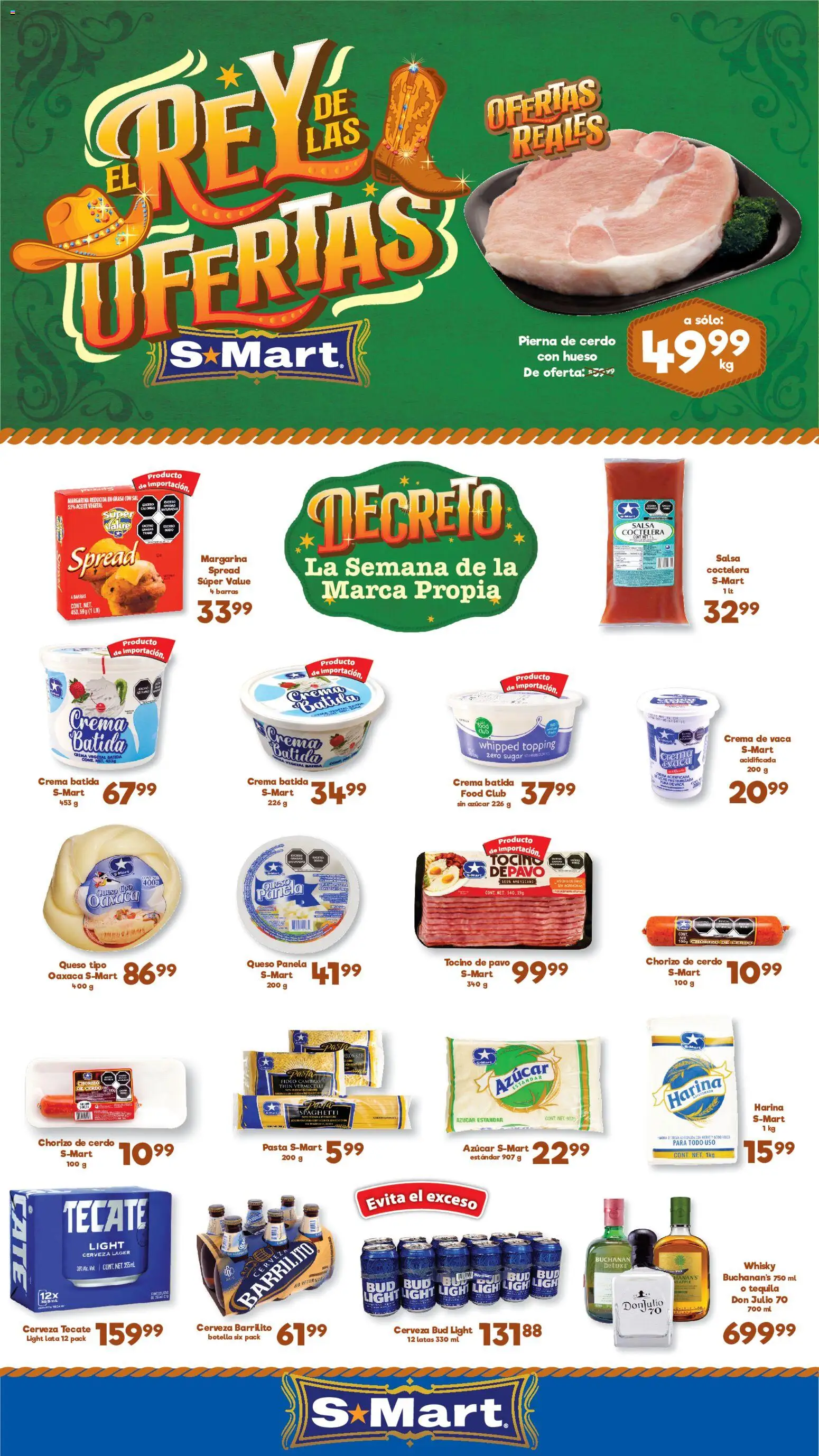 Vista previa las ofertas de la tienda S-Mart - S-Mart folleto Ofertas de feria Matamoros desde el 23/06/2026 - Tequila, Pasta, Aceite, Pavo, Botella, Crema batida, Tocino, Margarina