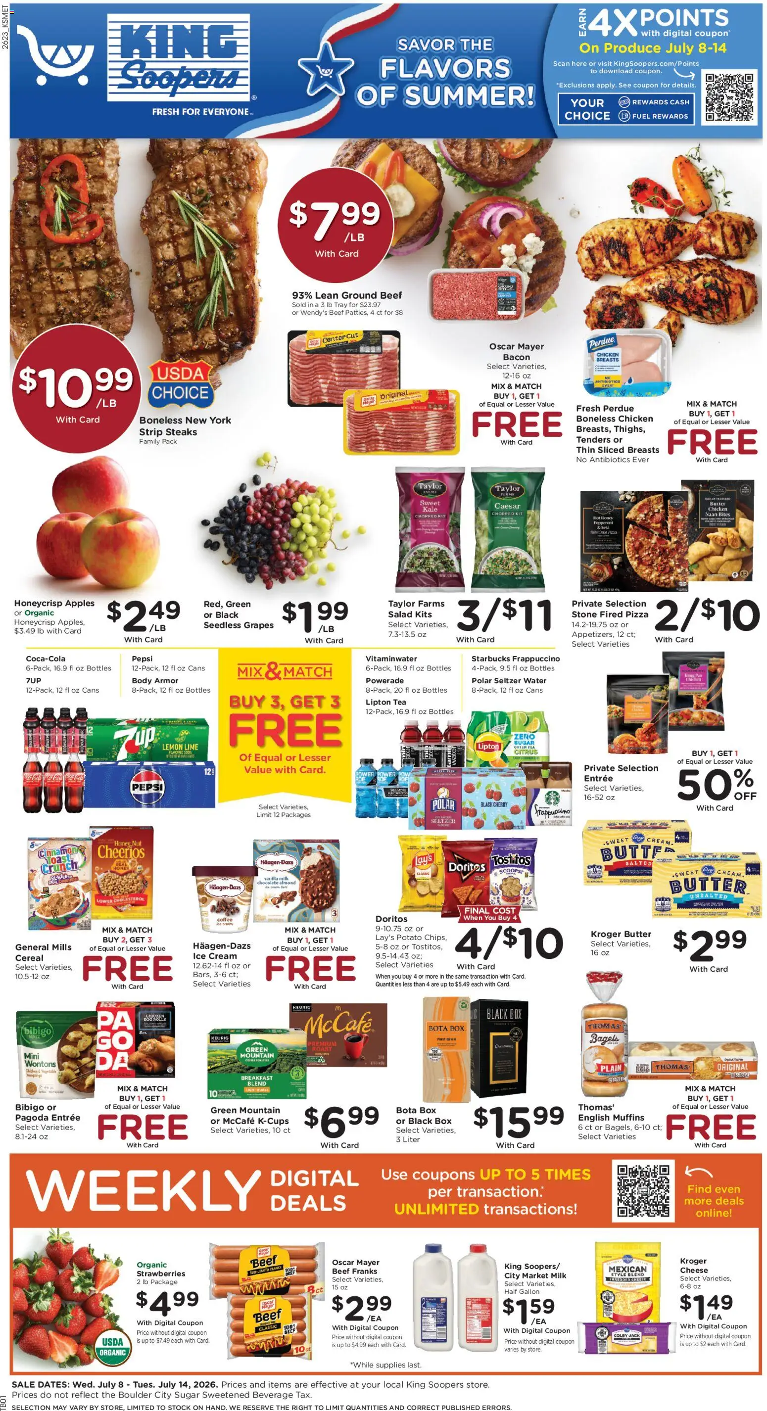 Ad Preview of King Soopers King Soopers Weekly Ad from 07/08/2026 - Pizza, Ice cream, Tea, Grapes, Beef, Lime, Chicken breasts, Chicken