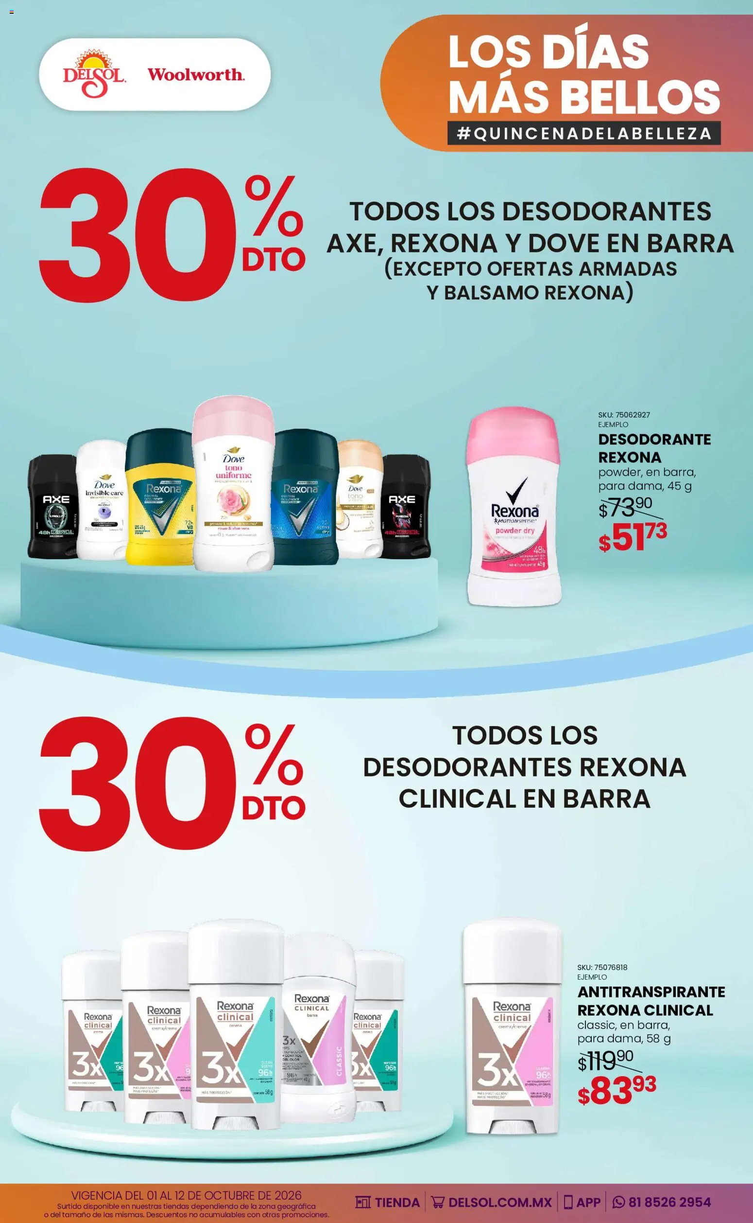 Vista previa las ofertas de la tienda Del Sol y Woolworth - Del Sol y Woolworth catálogo Los días más bellos - Quincena Belleza desde el 01/10/2026 - Desodorante, Crema, Aloe Vera, Barra, Antitranspirante, Bálsamo