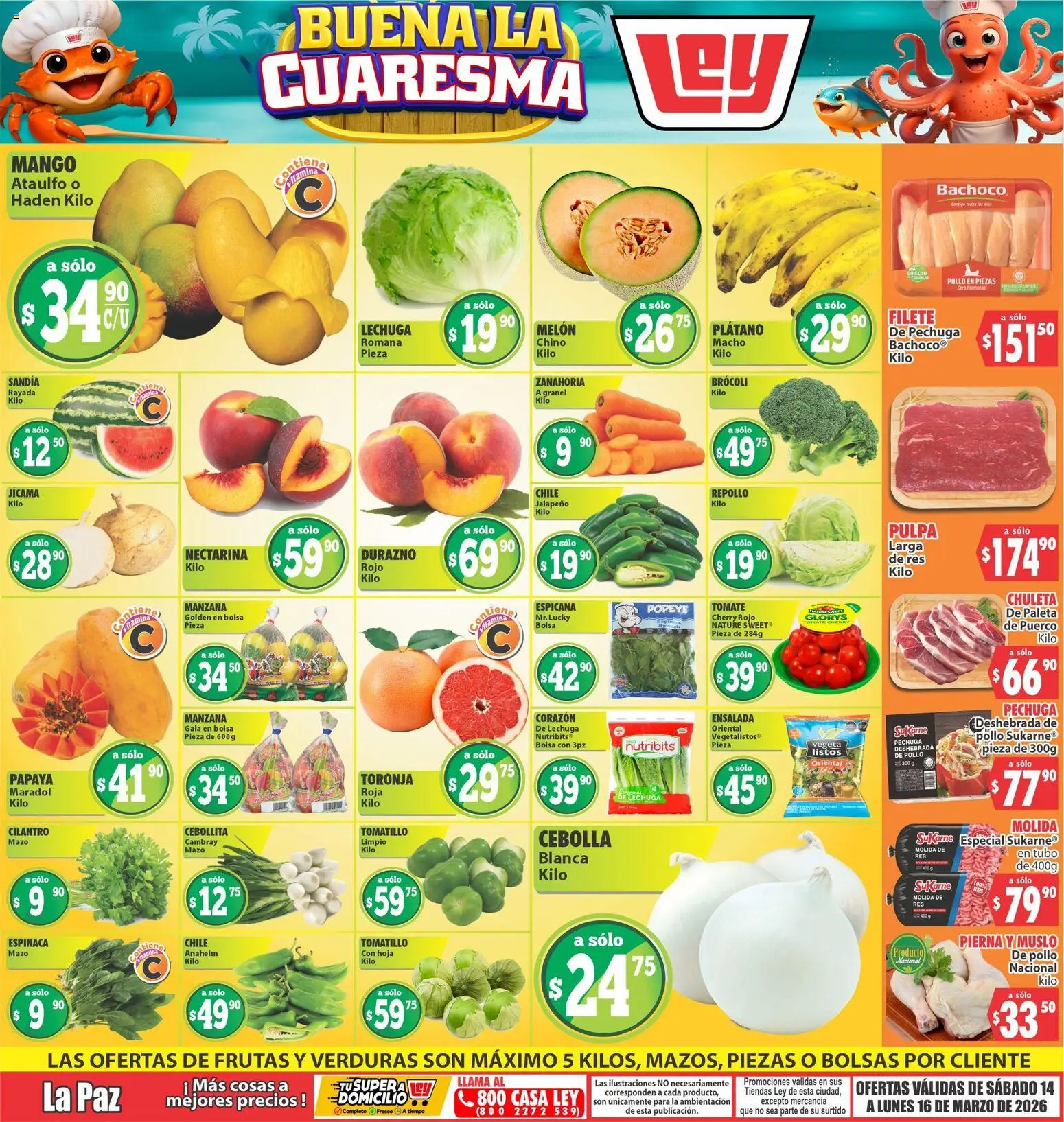 Vista previa las ofertas de la tienda Casa Ley - Casa Ley folleto Las ofertas de frutas y verdunas La Paz desde el 14/03/2026 - Mango, Manzana, Bolsa, Tomate, Plátano, Lechuga, Toronja, Res