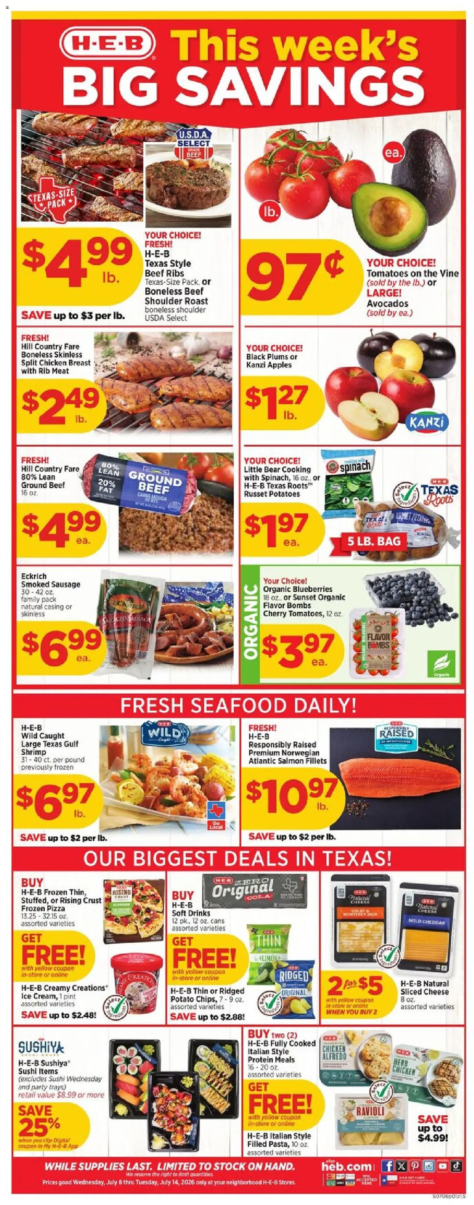 Ad Preview of H-E-B H-E-B Weekly Ad from 07/08/2026 - Potatoes, Salmon, Shrimp, Blueberries, Meat, Sausage, Plums, Frozen pizza