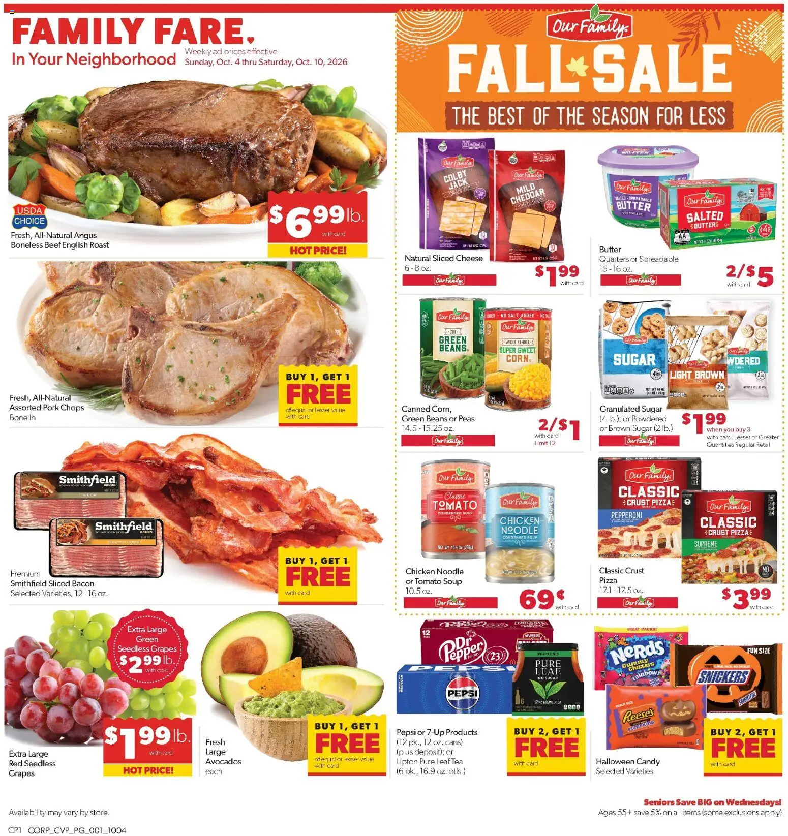 Ad Preview of Family Fare Family Fare Weekly Ad from 10/04/2026 - Cheese, Pepsi, Salt, Grapes, Beef, Pork, Snickers, Chicken