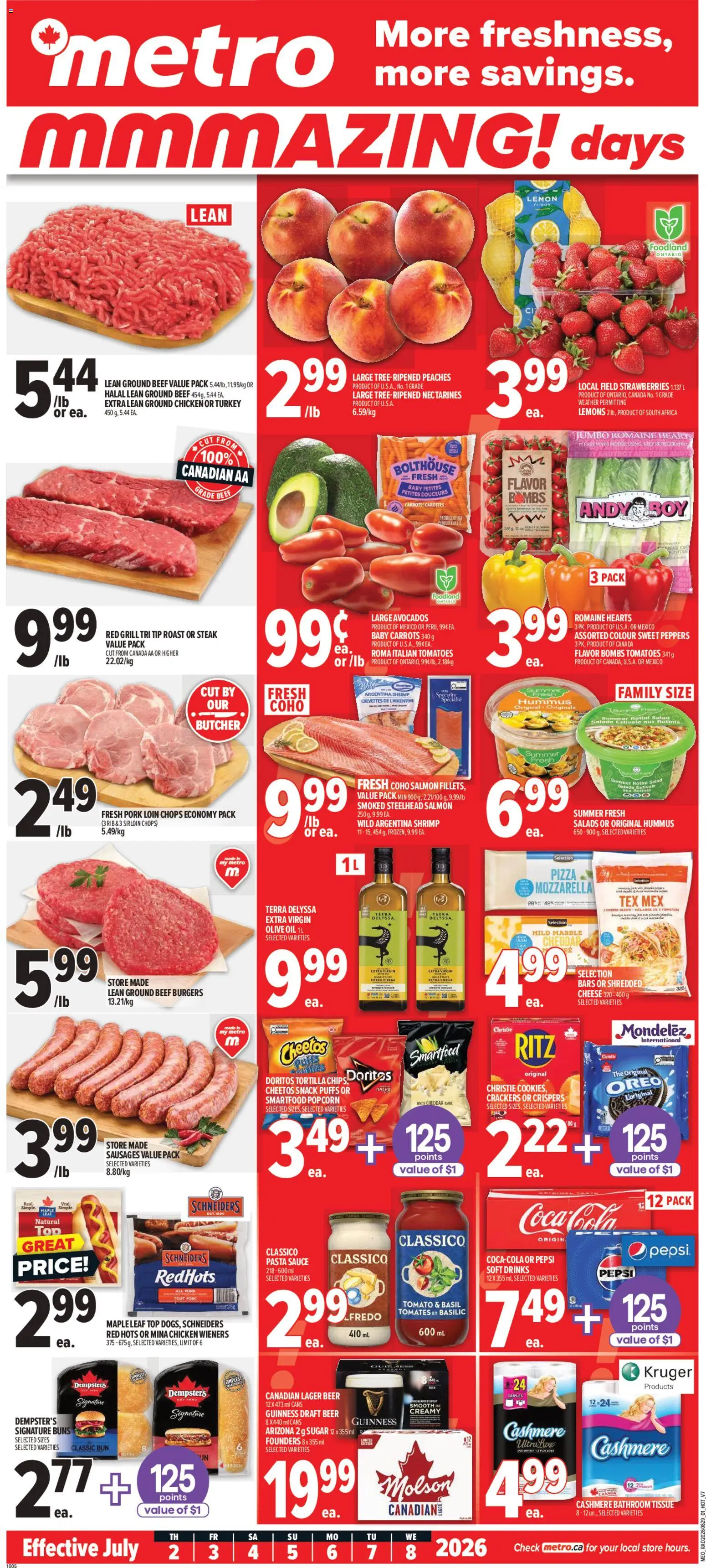 Preview of leaflet Metro weekly flyer - Montréal from shop Metro is valid from Jul 02, 2026 - Pizza, Strawberries, Tomatoes, Beef, Hummus, Olive oil, Pork, Roast