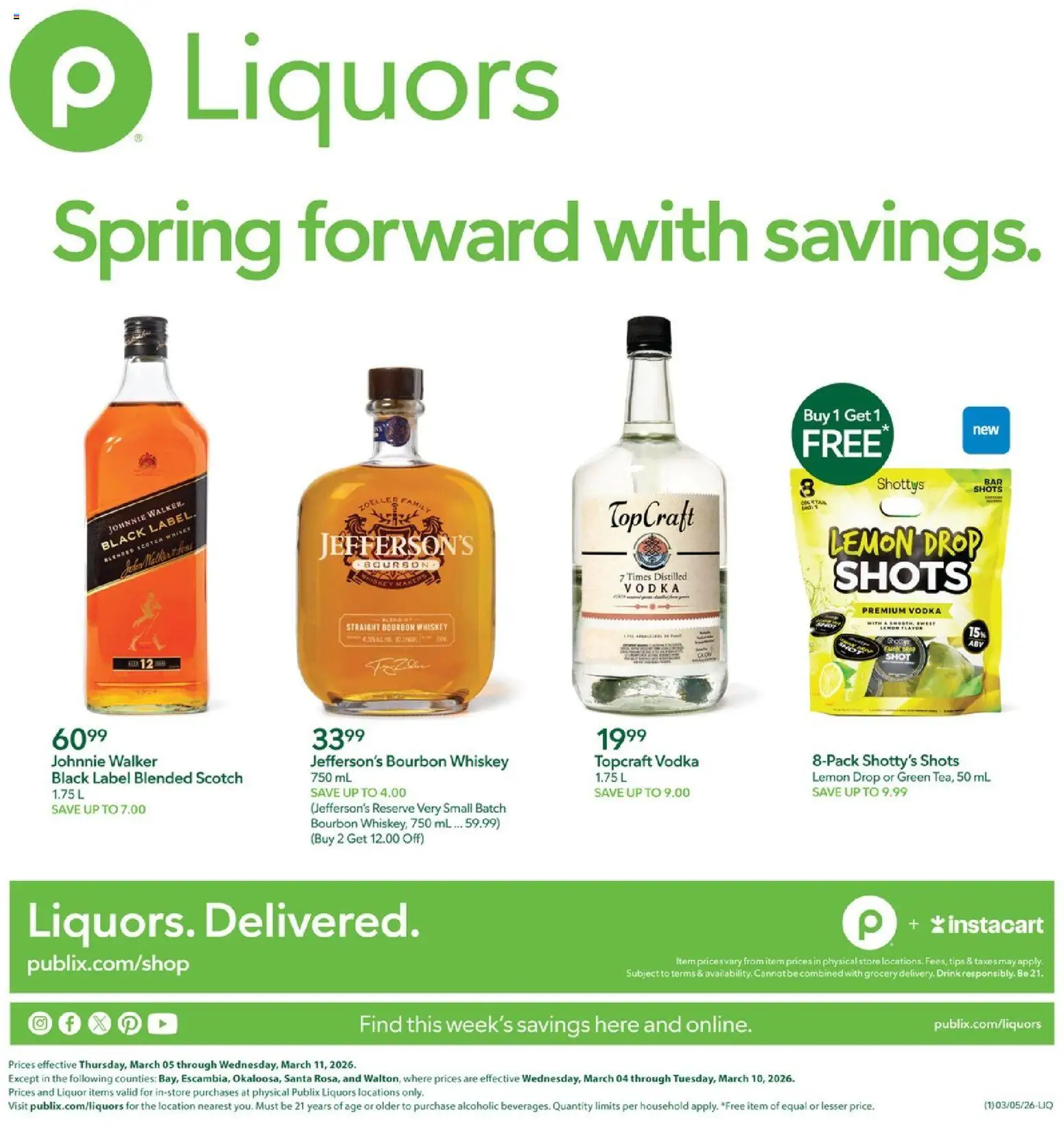 Ad Preview of Publix Publix Liquor Ad from 03/05/2026 - Bourbon, Vodka, Lemon, Whiskey