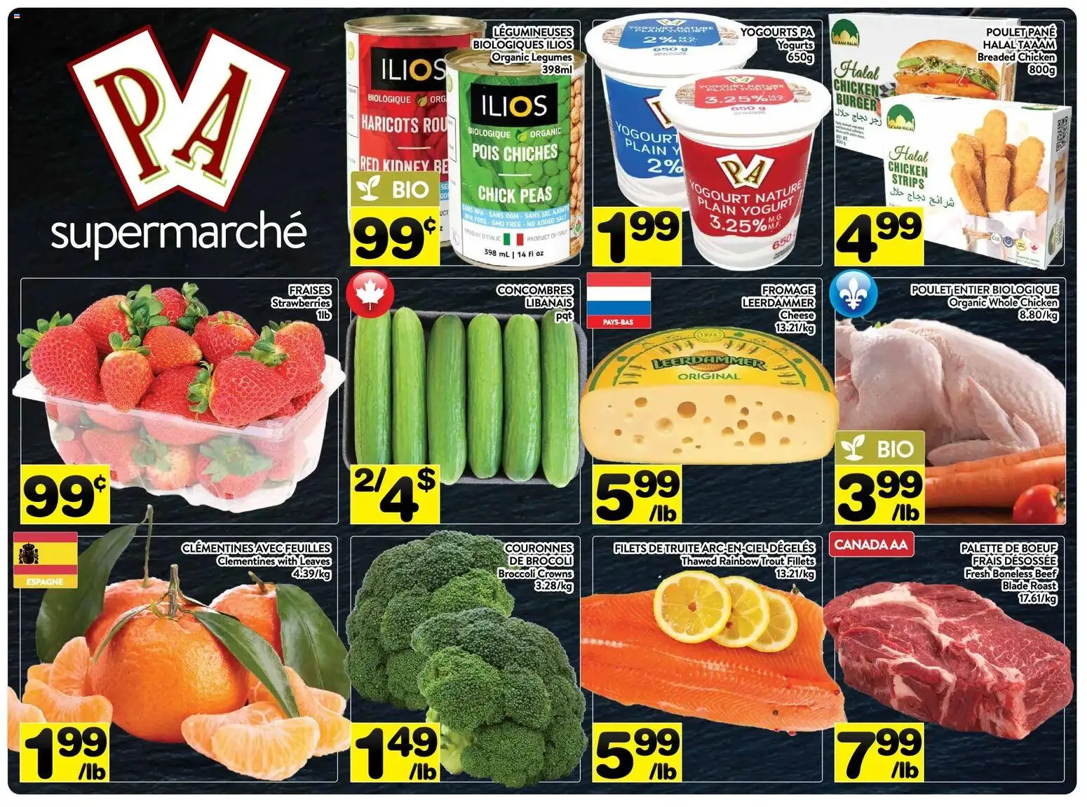 Preview of leaflet Pa Supermarché weekly flyer / circulaire from shop Pa Supermarché is valid from Mar 23, 2026 - Chickens, Chicken, Broccoli, Beef, Legumes, Roast, Strips, Whole chicken