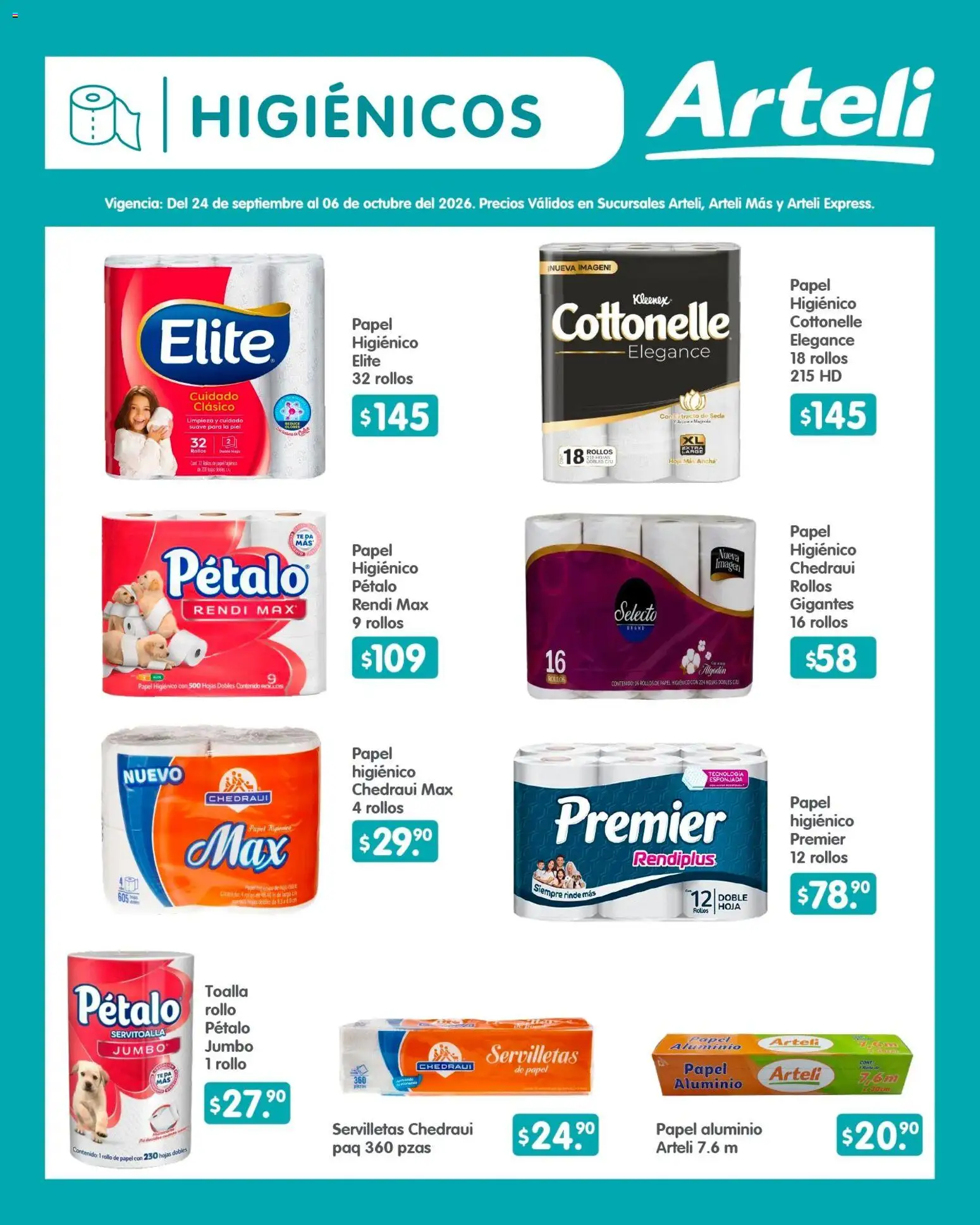 Vista previa las ofertas de la tienda Arteli - Arteli folleto Quincenal desde el 24/09/2026 - Té, Papel higiénico, Toalla, Servilletas, Papel aluminio