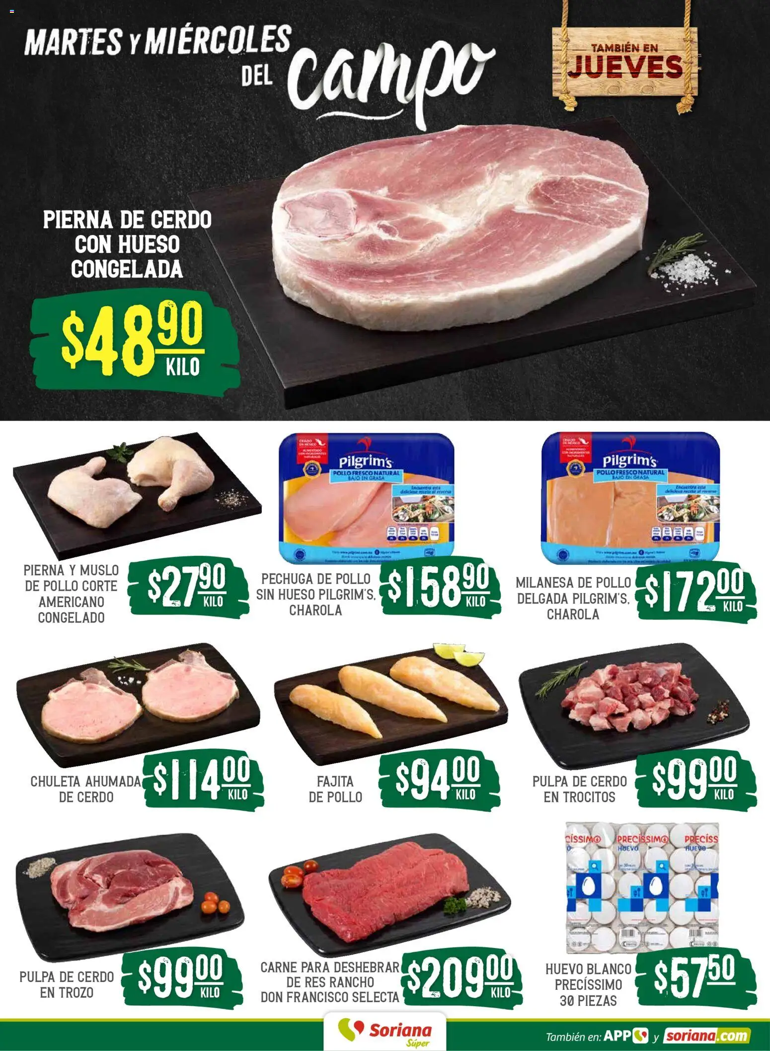 Vista previa las ofertas de la tienda Soriana - Soriana Martes y Miércoles del Campo Súper: Juárez desde el 05/05/2026 - Pollo, Huevo, Cerdo, Milanesa, Chuleta ahumada, Res, Pierna de cerdo, Chuleta