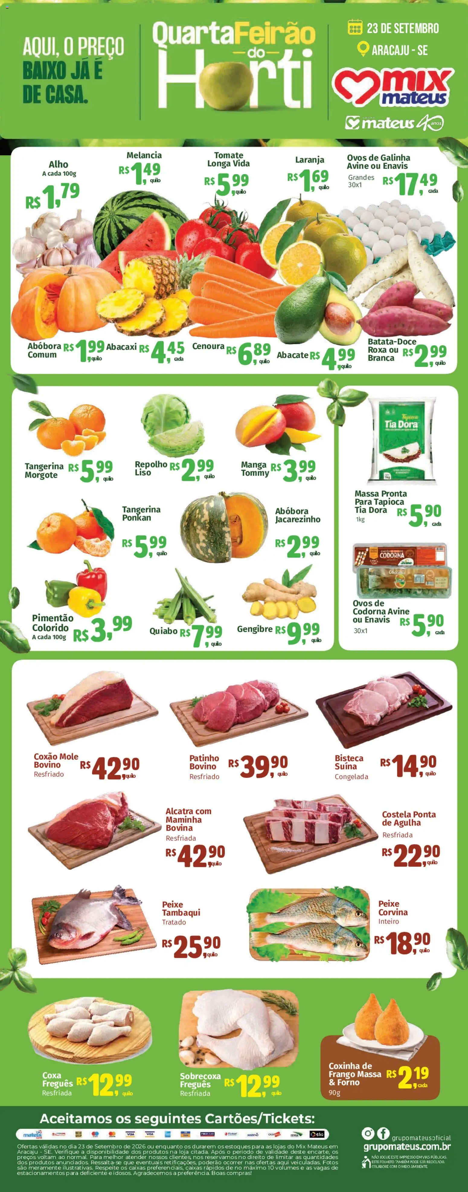 Pré-Visualização do folheto "Mateus ofertas Hortifruti" da loja Mateus válido a partir de 23/09/2026 - Manga, Tapioca, Frango, Quiabo, Abacate, Baixo, Alho, Coxão mole