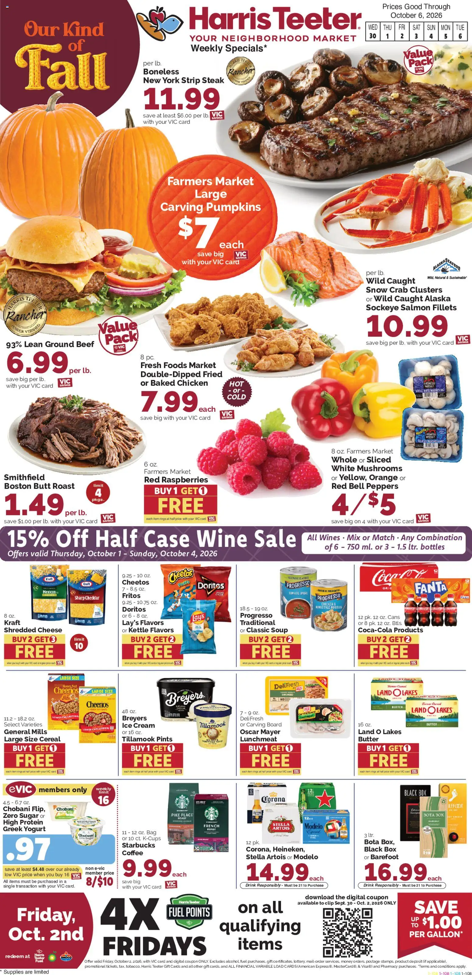 Ad Preview of Harris Teeter Harris Teeter Weekly Ad - NC from 09/30/2026 - Ice cream, Wine, Mushrooms, Salmon, Butter, Raspberries, Greek yogurt, Beef