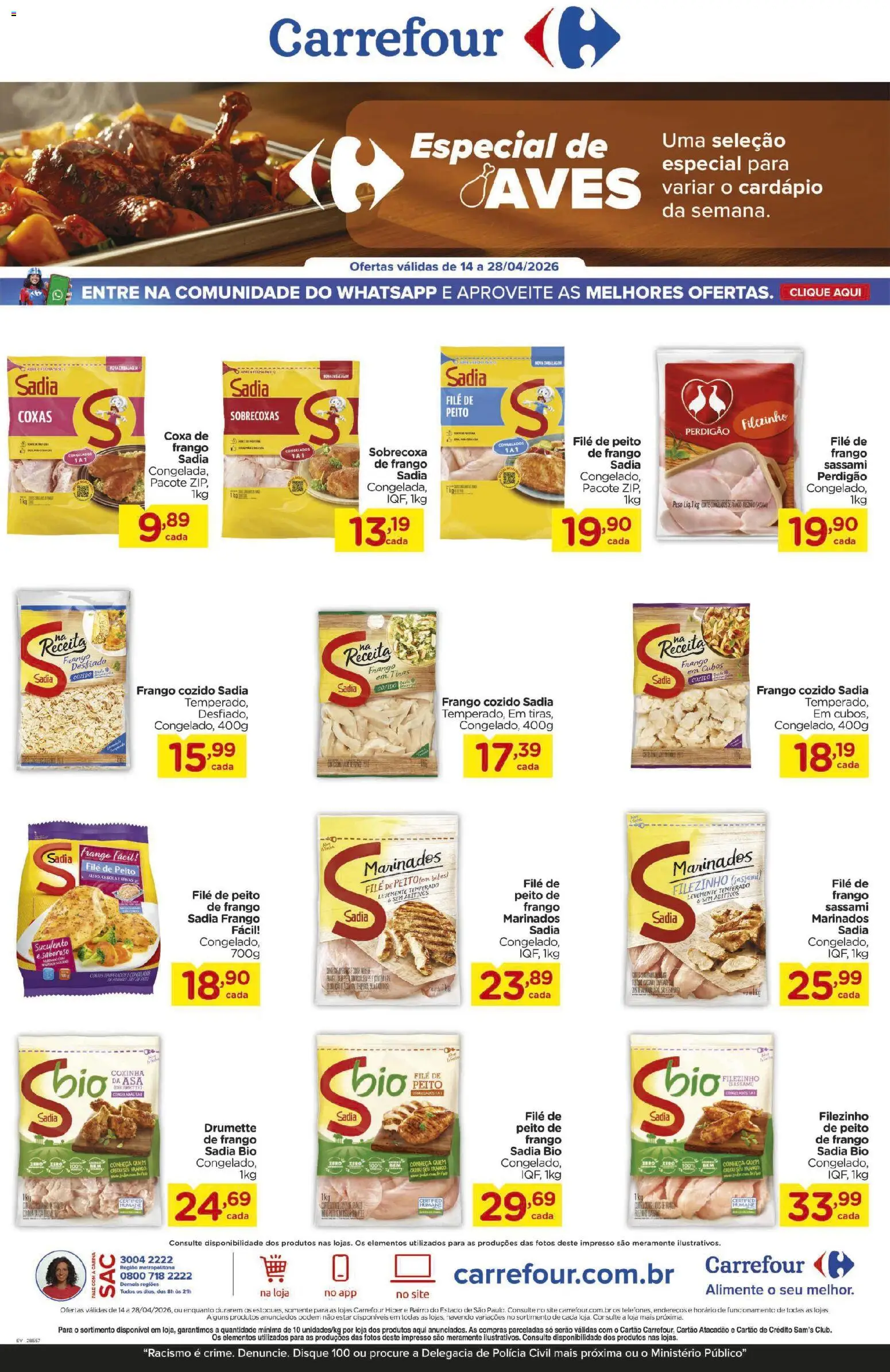 Pré-Visualização do folheto "Carrefour ofertas Especial de Aves" da loja Carrefour válido a partir de 14/04/2026 - Frango, Peito de frango, Coxa de frango, Sobrecoxa de frango, Filé de sobrecoxa de frango