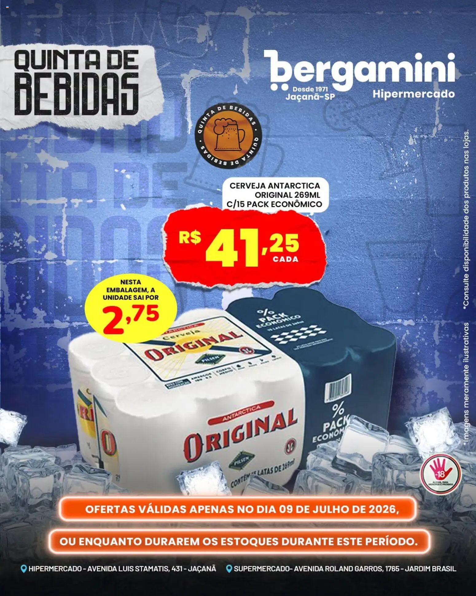 Pré-Visualização do folheto "Supermercado Bergamini ofertas Quinta de Bebidas" da loja Supermercado Bergamini válido a partir de 09/07/2026 - Cerveja, Bebidas, Bebida