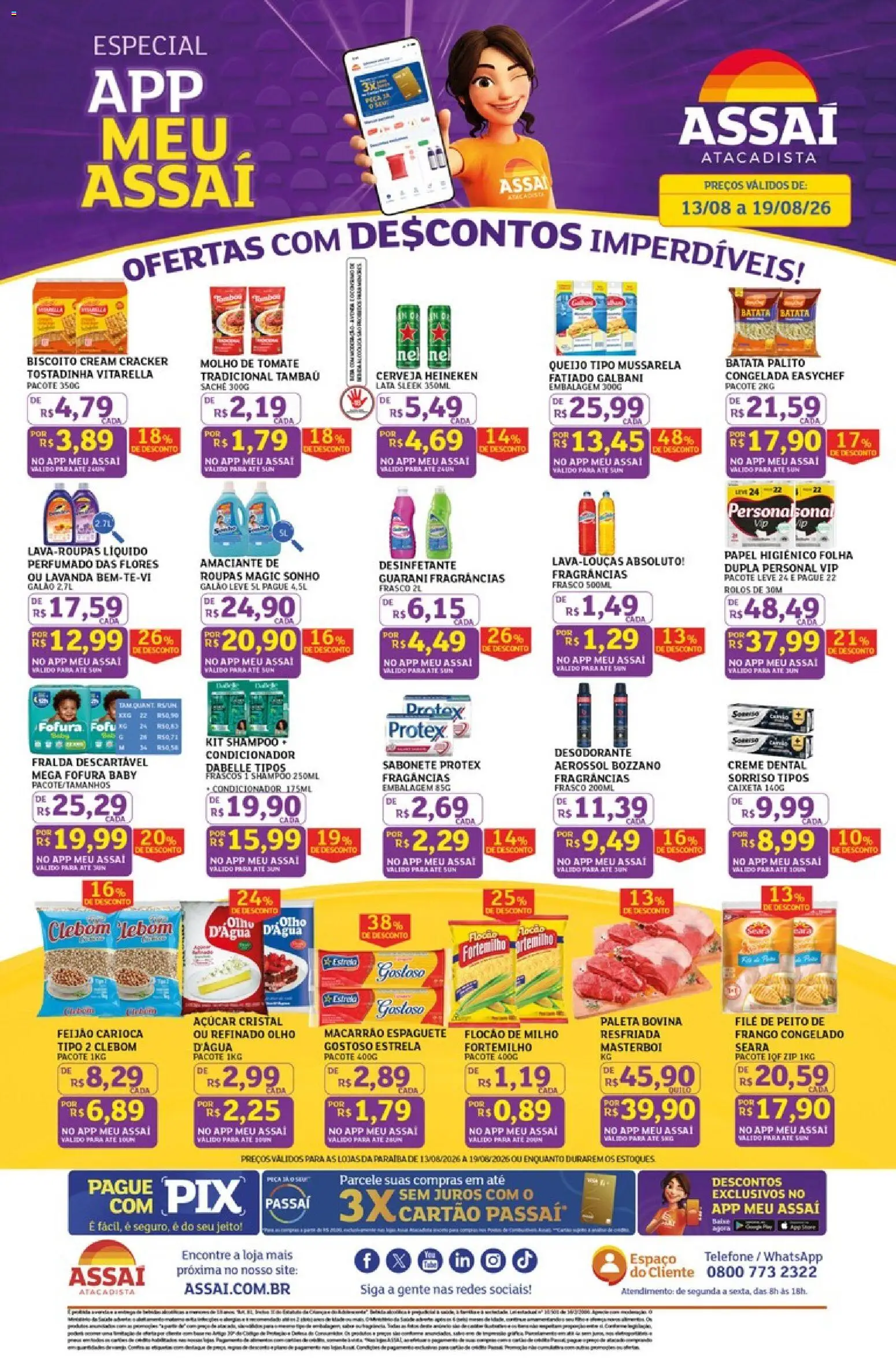 Pré-Visualização do folheto "Assaí Atacadista ofertas - PB" da loja Assaí Atacadista válido a partir de 13/08/2026 - Telefone, Roupas, Sabonete, Papel higiênico, Amaciante, Molho de tomate, Espaguete, Creme dental