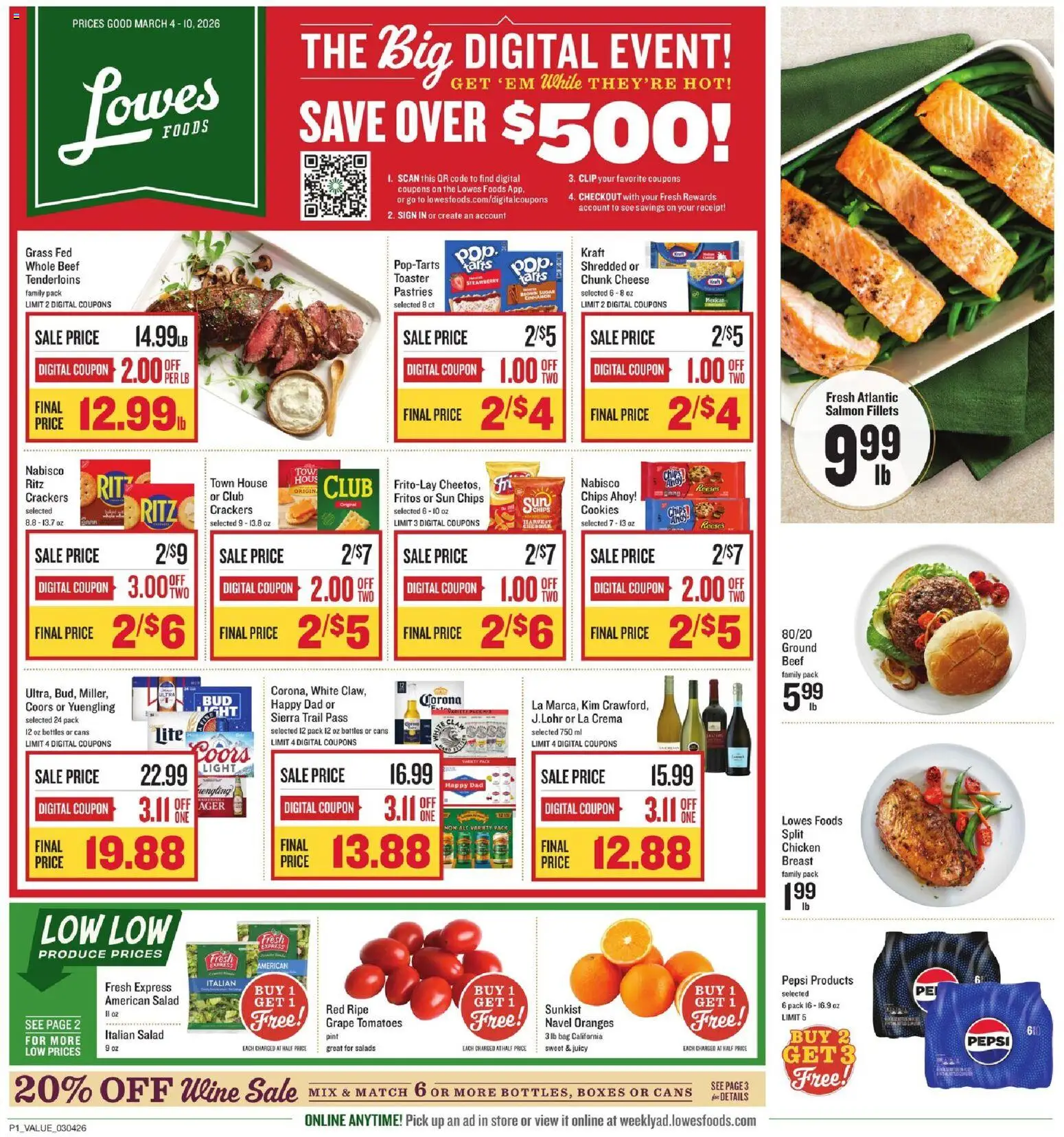 Ad Preview of Lowes Foods Lowes Foods Weekly Ad - NC from 03/04/2026 - Cookies, Wine, Chips, Pastries, Beef, Ground beef, Crackers, Chicken