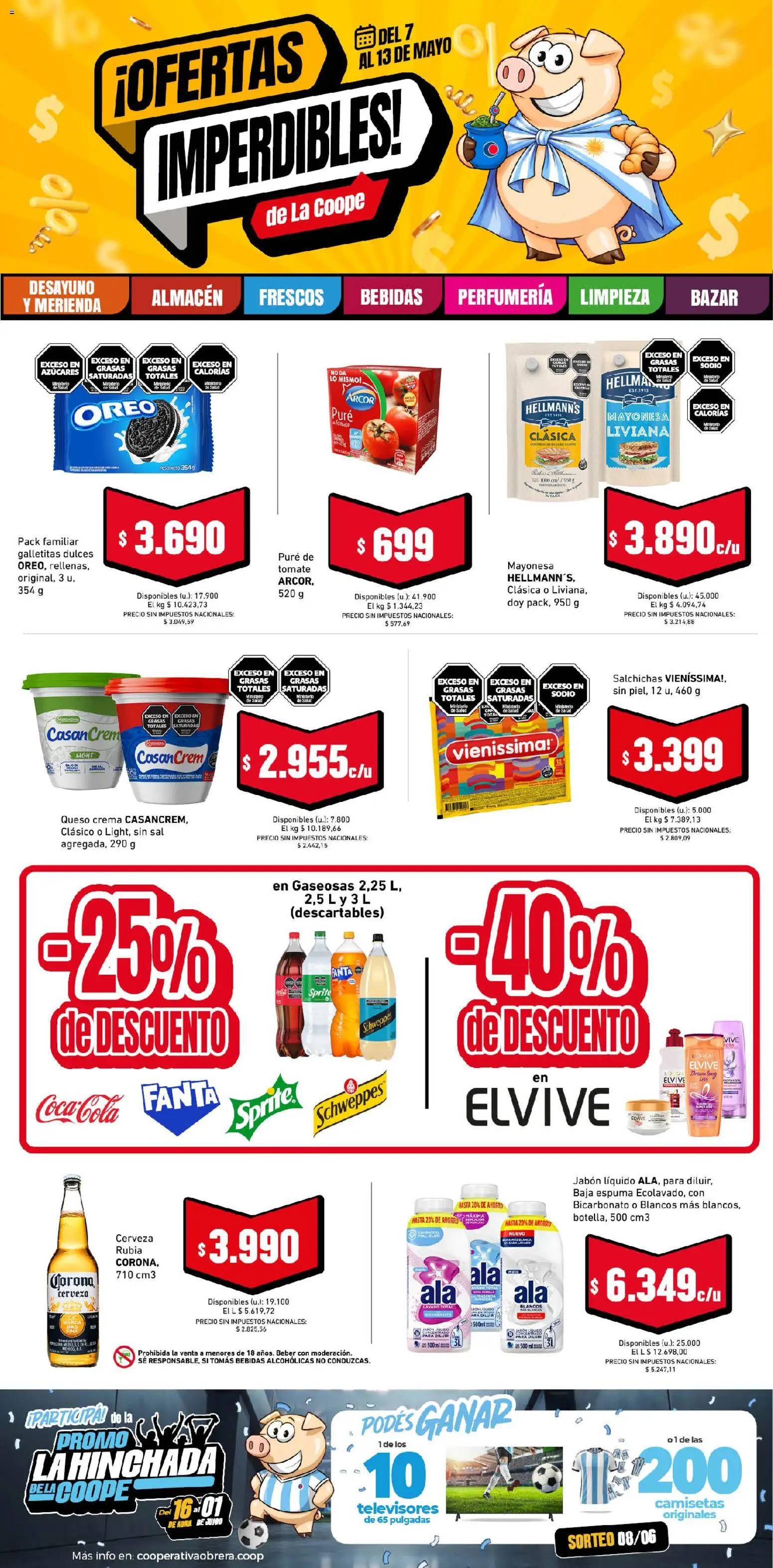 Vista previa del folleto de la tienda Cooperativa Obrera válido desde el 07/05/2026 - Tomate, Huevo, Sprite, Crema, Jabón, Jabón líquido, Salchichas, Pure de Tomate