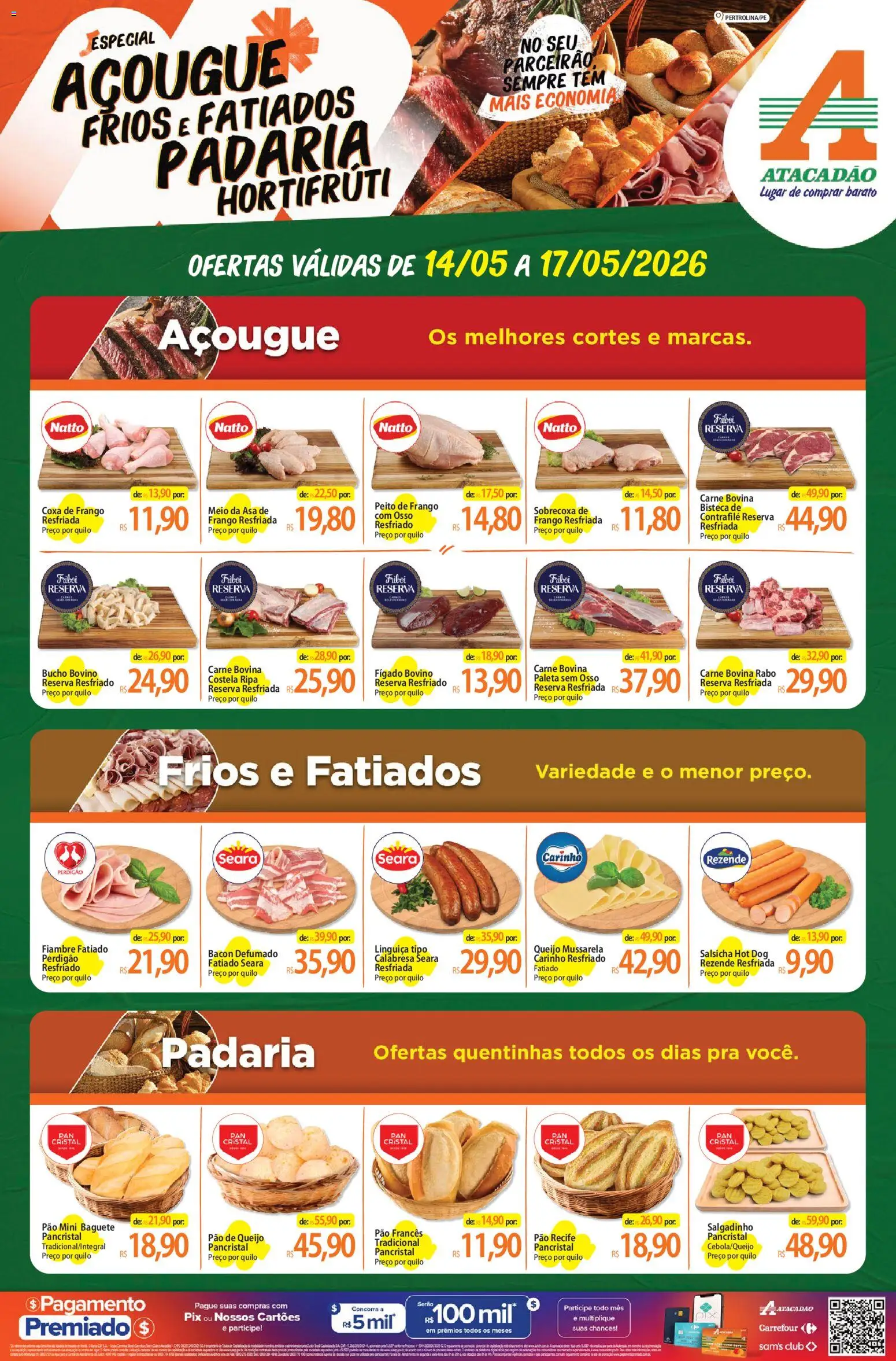 Pré-Visualização do folheto "Atacadão ofertas - PE" da loja Atacadão válido a partir de 14/05/2026 - Pão de queijo, Salsicha, Pão, Queijo, Fígado, Bacon, Peito de frango, Linguiça