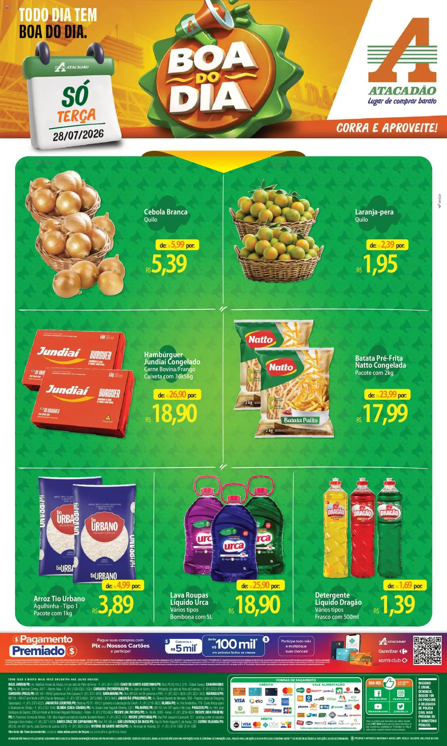 Pré-Visualização do folheto "Atacadão ofertas - PE" da loja Atacadão válido a partir de 28/07/2026 - Hambúrguer, Roupas, Arroz, Batata, Detergente, Cebola, Envelope, Cabo