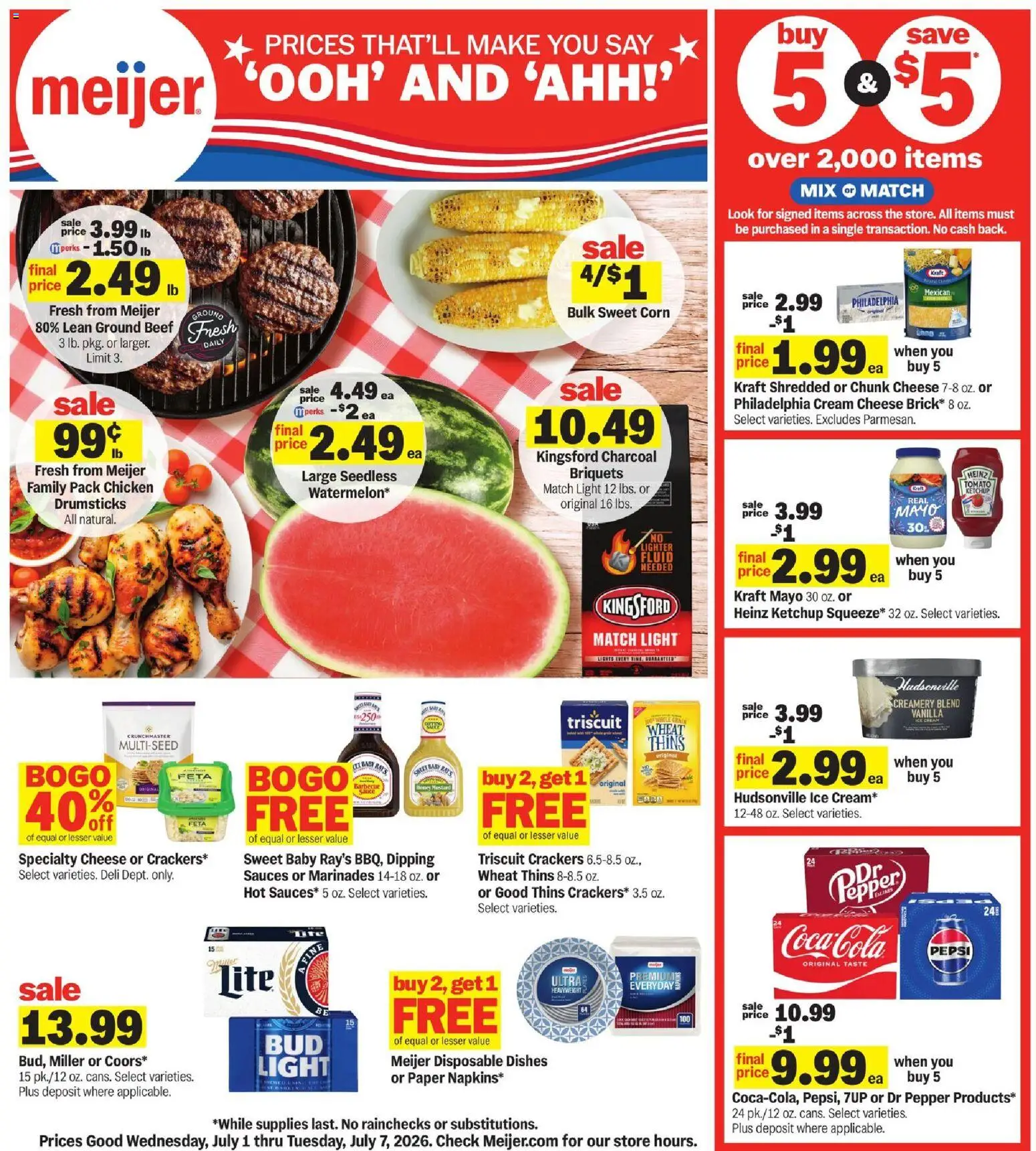 Ad Preview of Meijer Meijer Weekly Ad from 07/01/2026 - Ice, Charcoal, Cream cheese, Beef, Crackers, Mustard, Vanilla, Parmesan