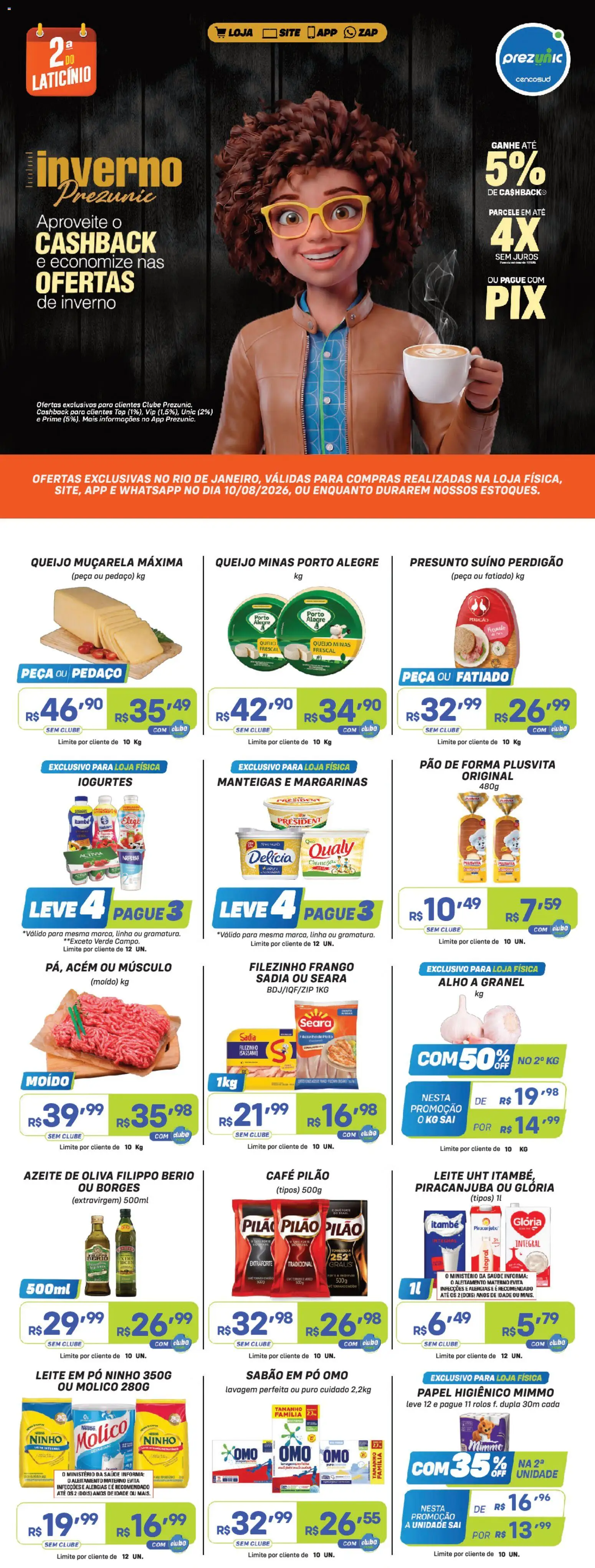 Pré-Visualização do folheto "Prezunic ofertas" da loja Prezunic válido a partir de 10/08/2026 - Pão, Papel higiênico, Leite em pó, Pó, Alho, Café pilão, Leite integral, Sabão em pó omo