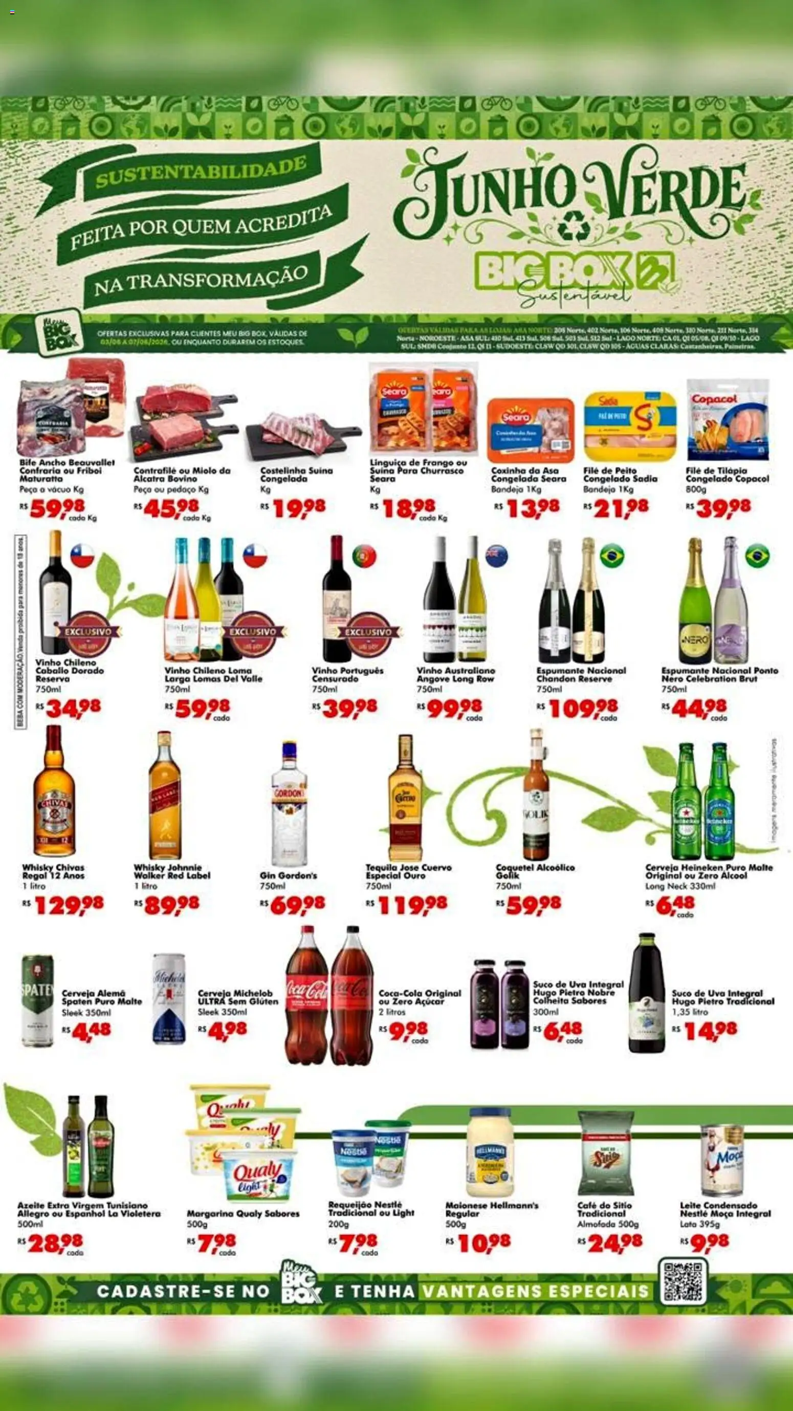 Pré-Visualização do folheto "Big Box - Ofertas da semana" da loja Big Box válido a partir de 03/06/2026 - Gin, Leite, Suco, Açúcar, Tequila, Almofada, Linguiça, Filé de tilápia