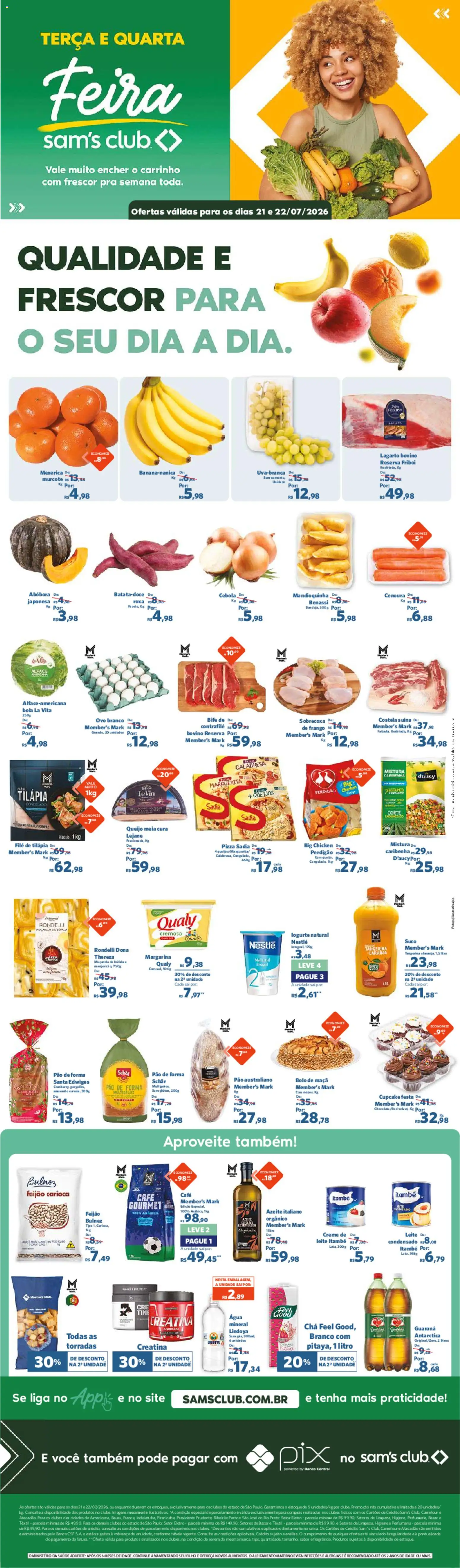 Pré-Visualização do folheto "Sam's Club - Ofertas da semana" da loja Sam's Club válido a partir de 21/07/2026 - Café, Água, Carrinho, Chá, Creme, Cebola, Margarina, Tilápia