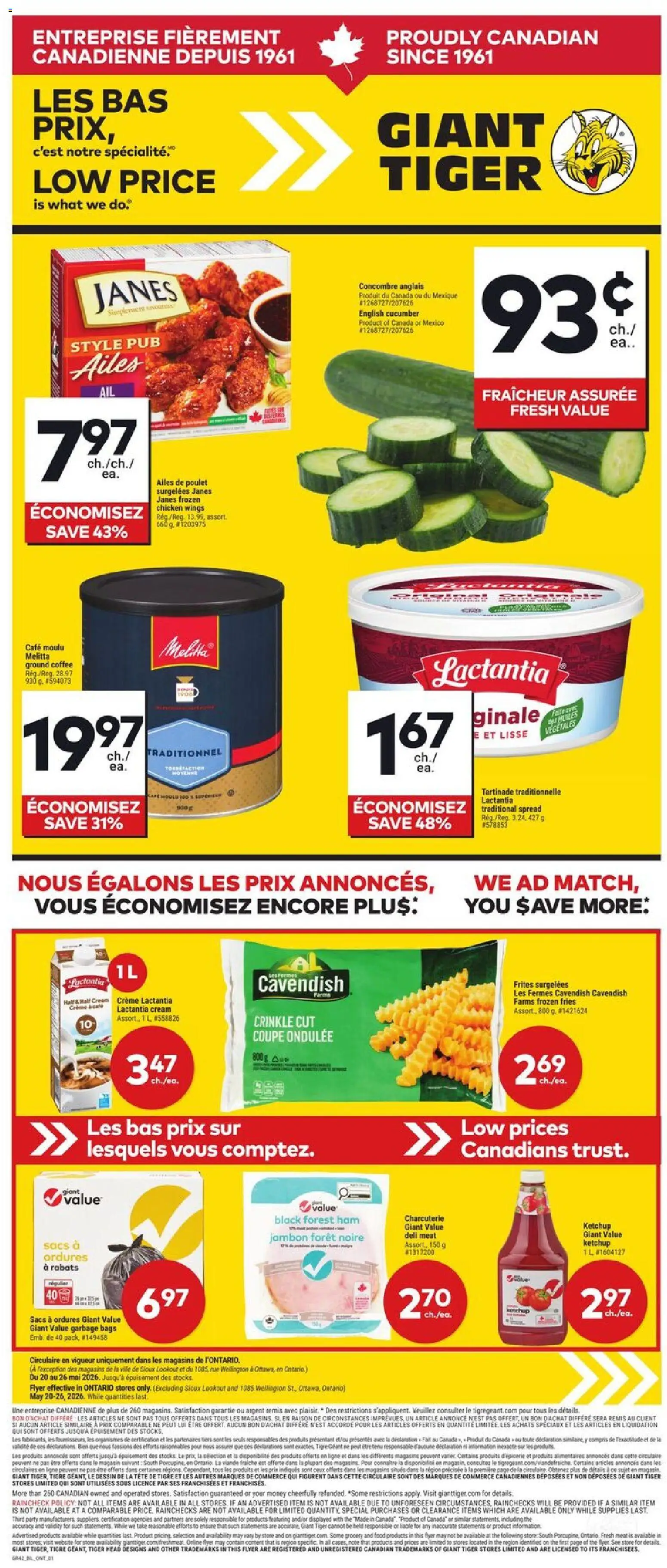 Preview of leaflet Circulaire from shop Giant Tiger is valid from May 20, 2026 - Coffee, Meat, Fries, Ketchup, Garbage bags, Spread, English cucumber, Frozen chicken