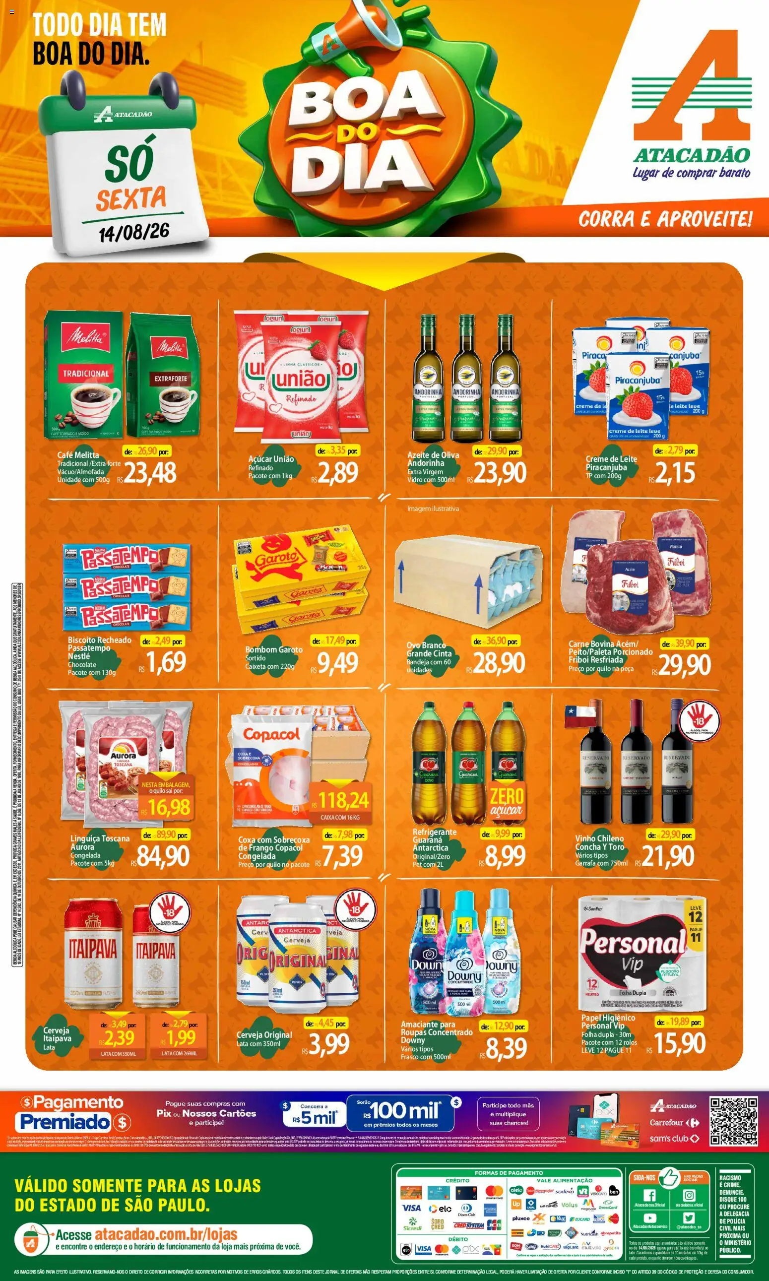 Pré-Visualização do folheto "Atacadão ofertas - SP" da loja Atacadão válido a partir de 14/08/2026 - Caixa, Refrigerante, Creme de leite, Creme, Amaciante, Guaraná, Carne bovina, Biscoito recheado