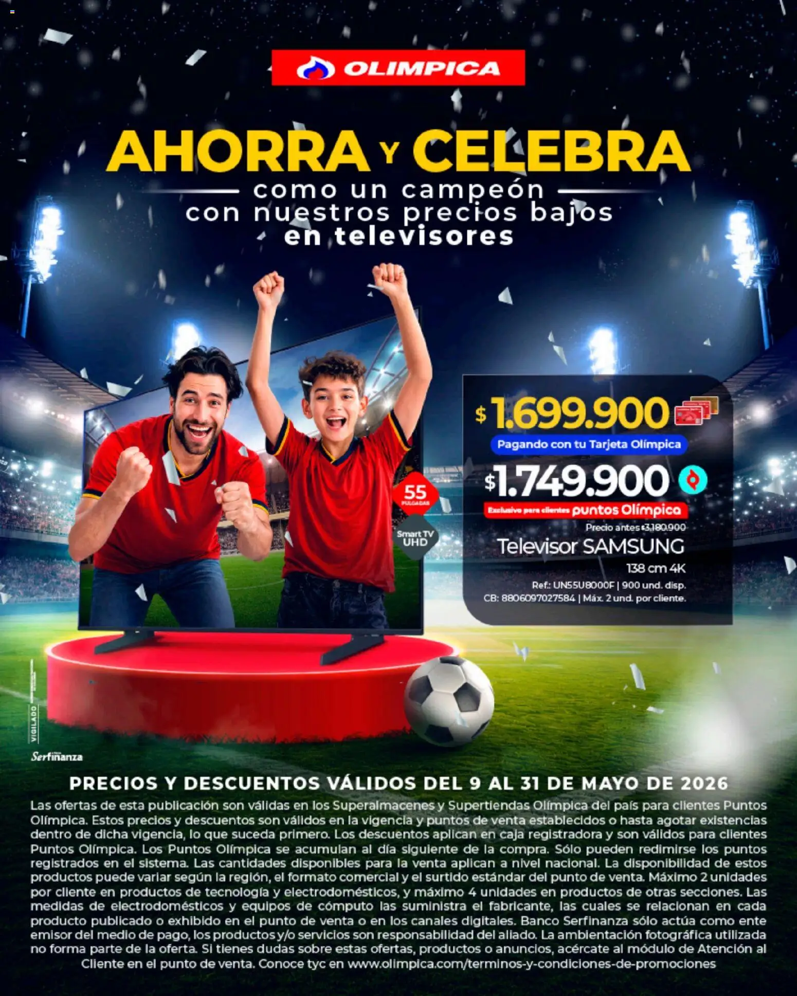  Vista previa del prospecto Olímpica catálogo_Ofertas de televisores del almacen Olímpica válida del 09/05/2026 al 31/05/2026 - Banco, Televisor, Sobre, Caja