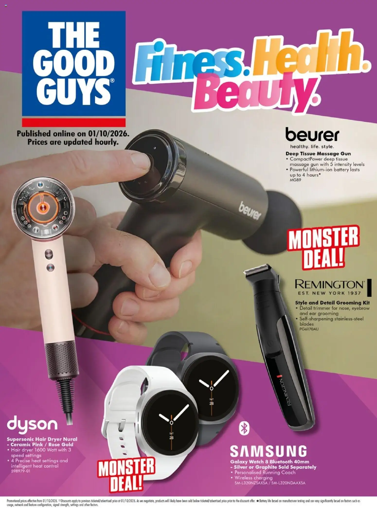 Preview of catalogue The Good Guys Fitness. Health. Beauty. from shop The Good Guys valid 01/10/2026 - Battery, Eyebrow, Watch, Dryer, Hair dryer